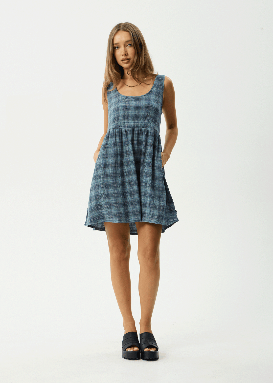 AFENDS Womens Position Jesse - Seersucker Mini Dress - Navy Check