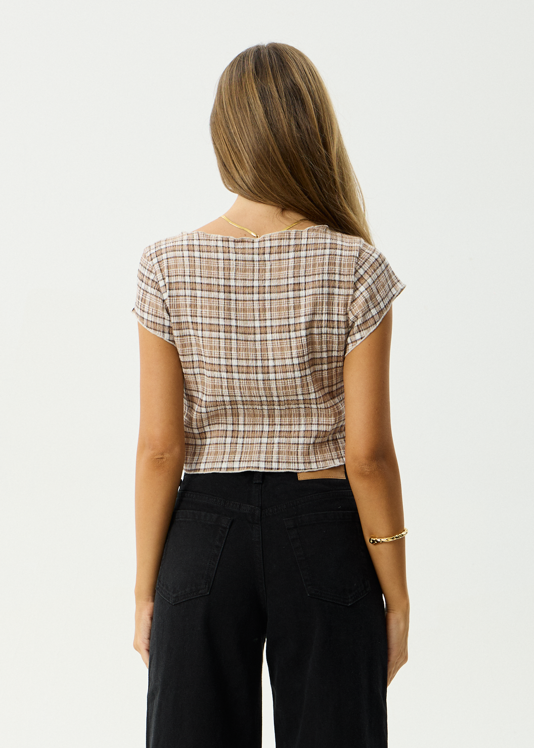 AFENDS Womens Flight - Seersucker Check Top - Chai Check