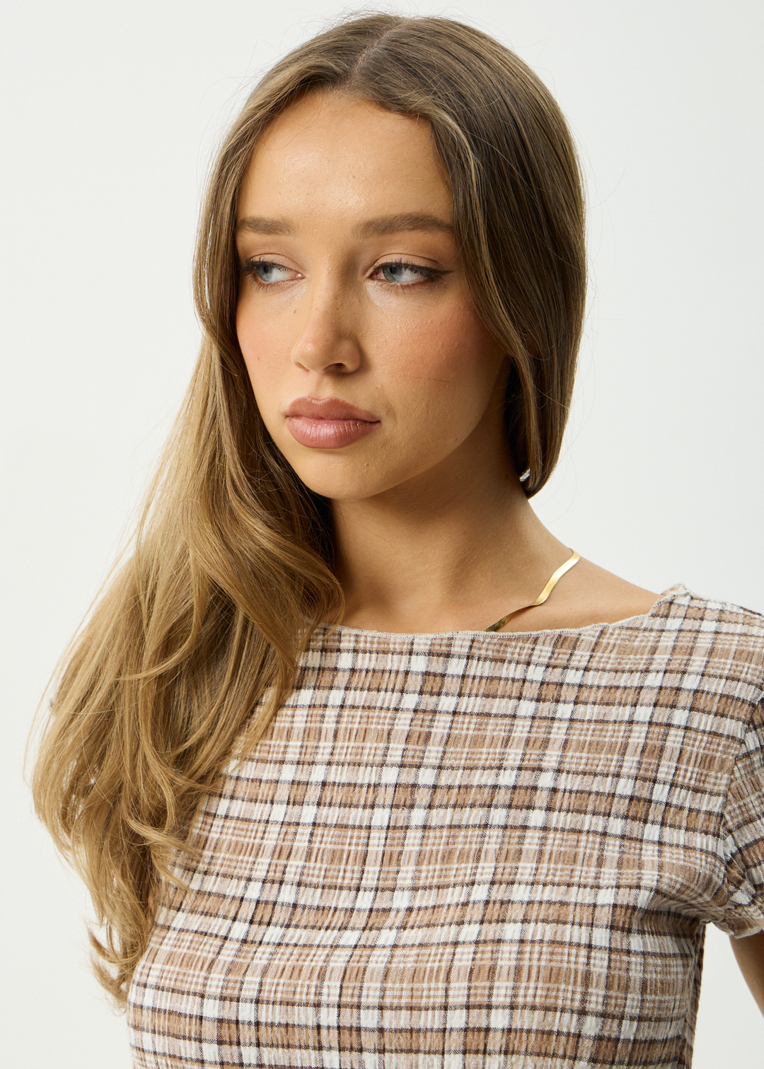 AFENDS Womens Flight - Seersucker Check Top - Chai Check
