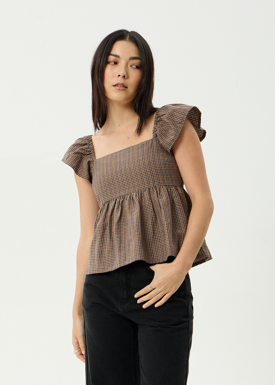 AFENDS Womens Hometown - Check Top - Coffee