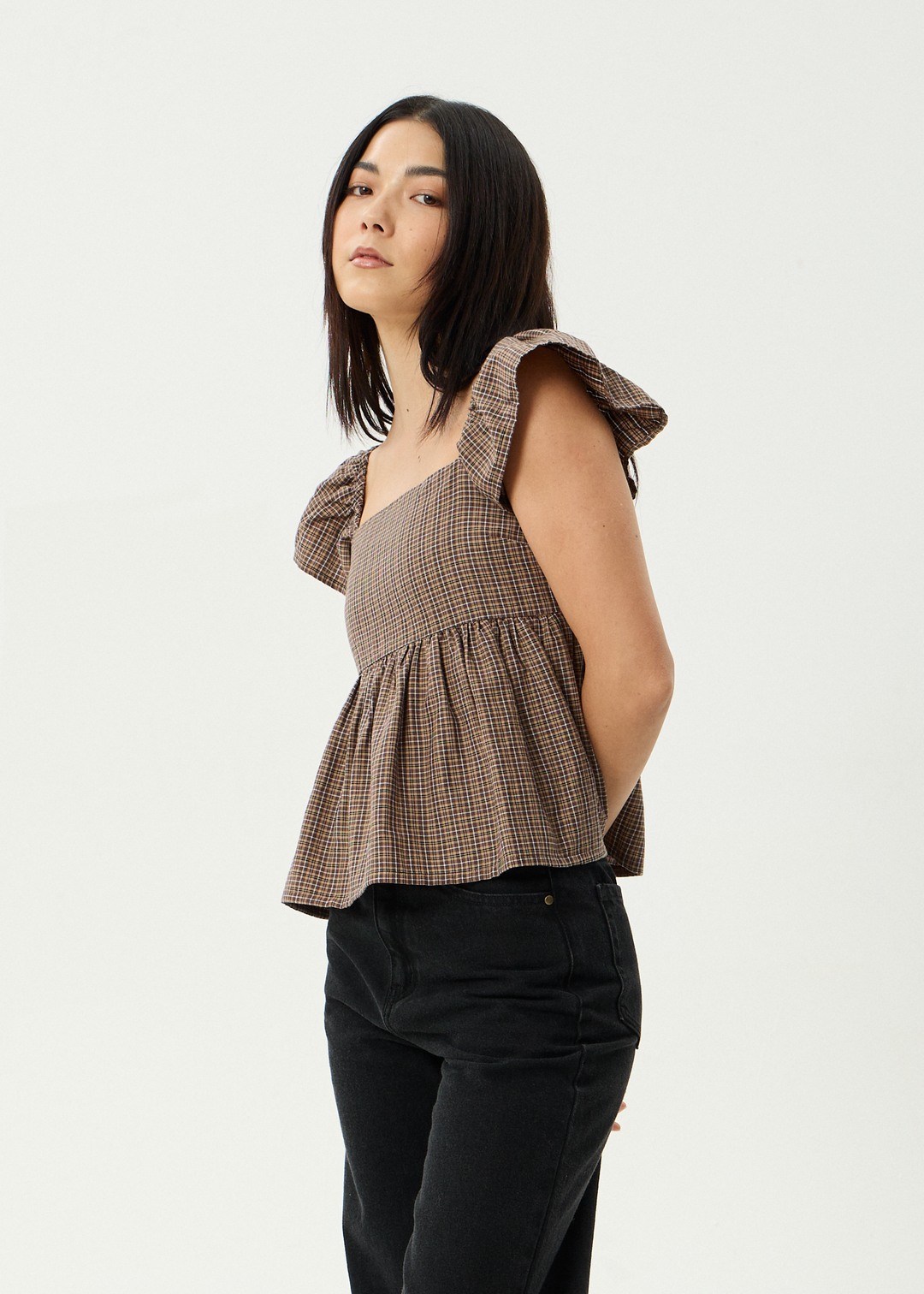 AFENDS Womens Hometown - Check Top - Coffee
