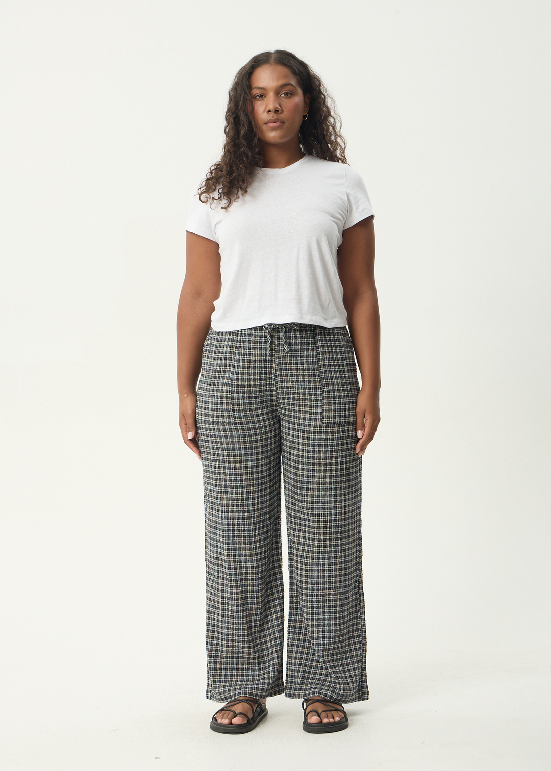 AFENDS Womens Asta - Seersucker Wide Leg Pant - Steel Check
