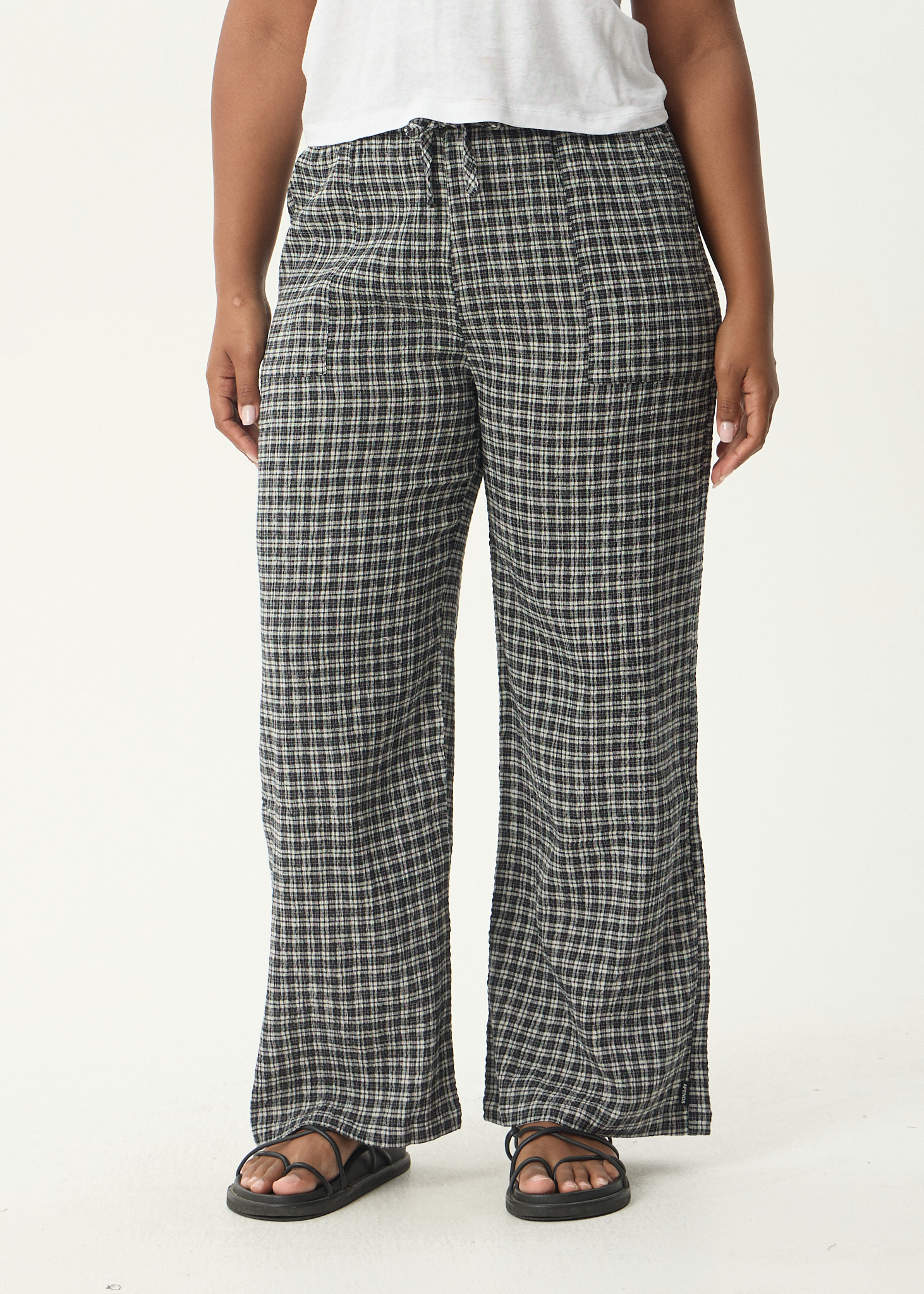 AFENDS Womens Asta - Seersucker Wide Leg Pant - Steel Check