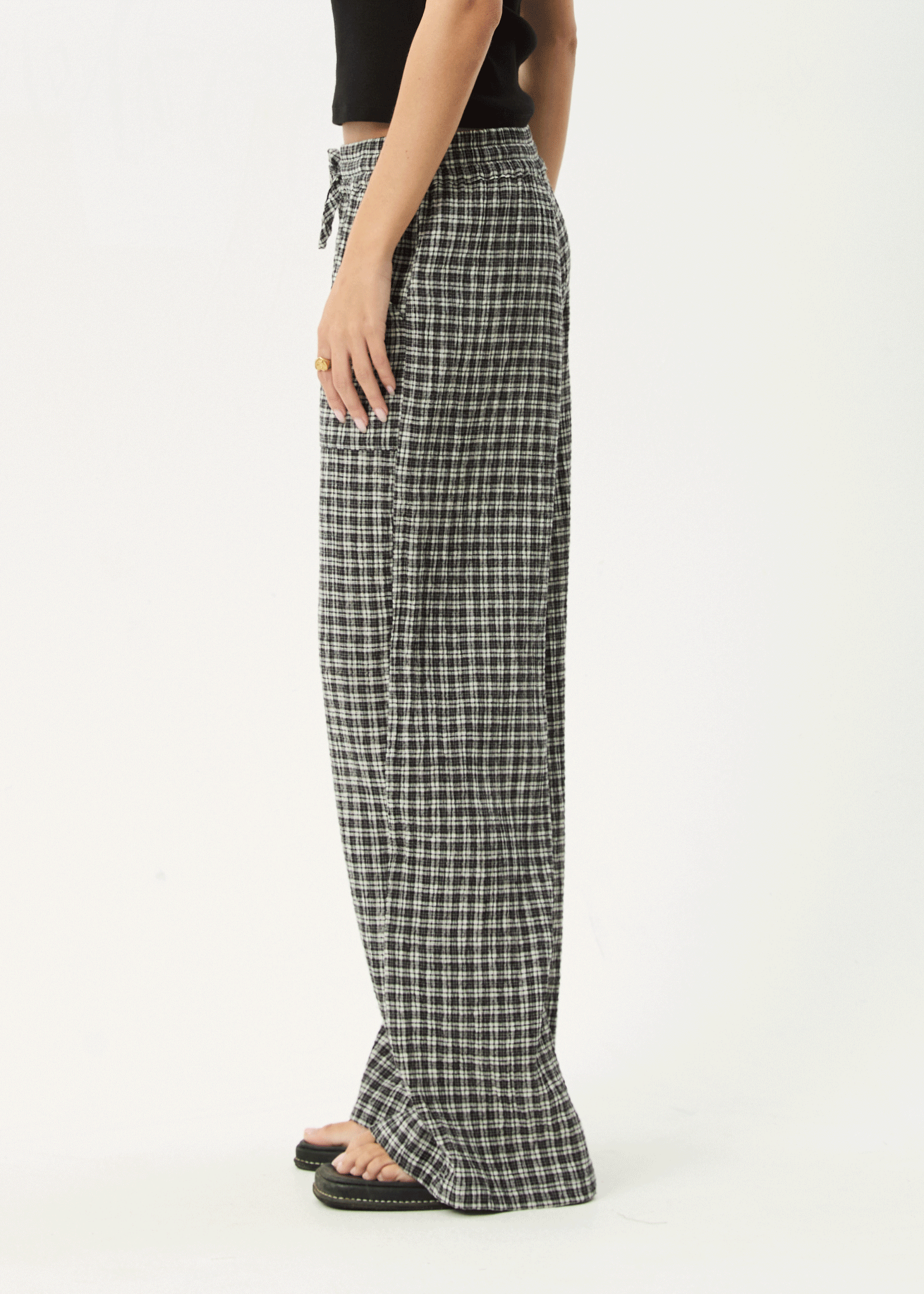 AFENDS Womens Asta - Seersucker Wide Leg Pant - Steel Check