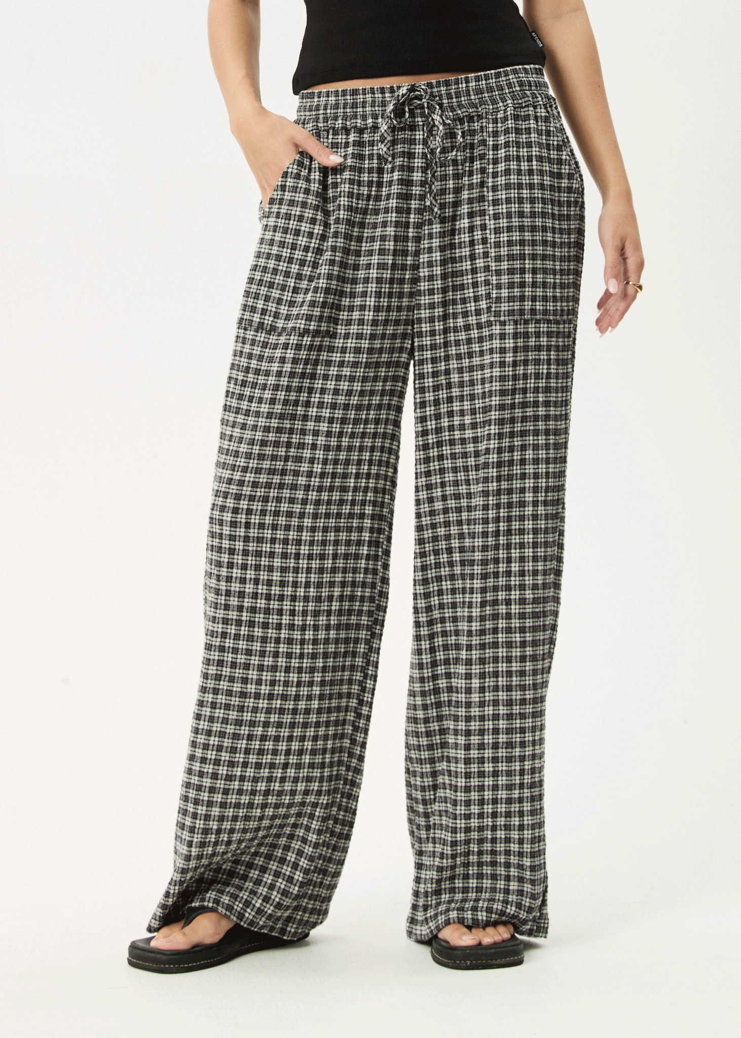 AFENDS Womens Asta - Seersucker Wide Leg Pant - Steel Check