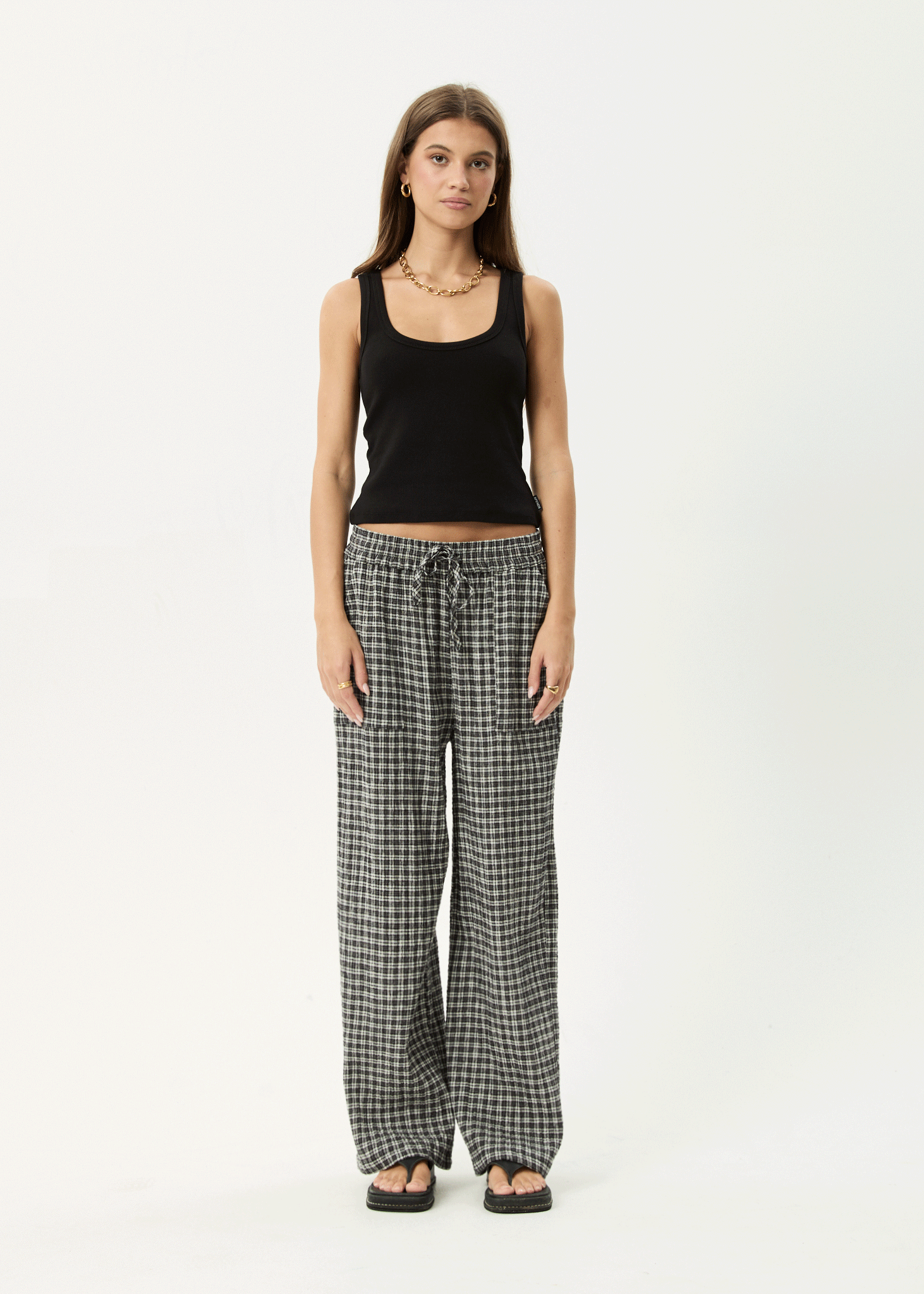 AFENDS Womens Asta - Seersucker Wide Leg Pant - Steel Check