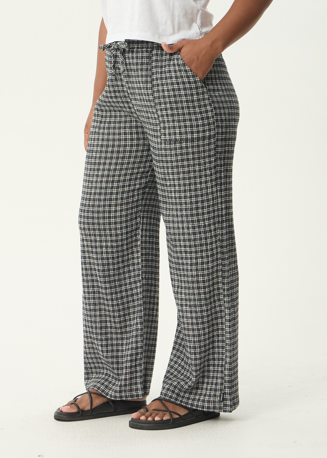 AFENDS Womens Asta - Seersucker Wide Leg Pant - Steel Check