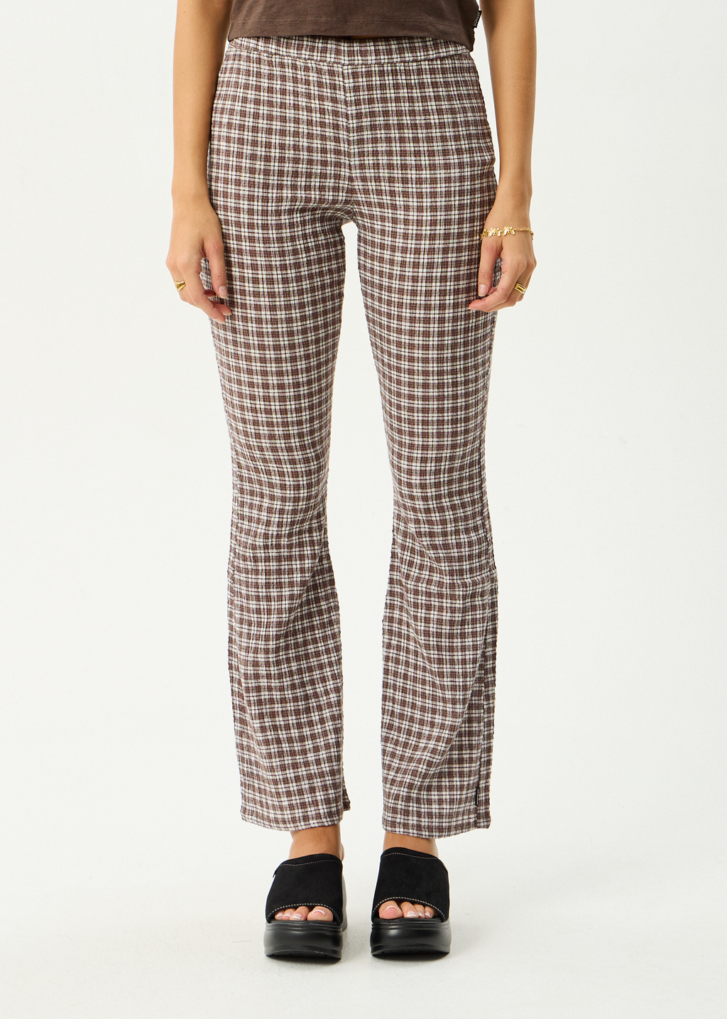 AFENDS Womens Base - Seersucker Flare Pant - Coffee Check