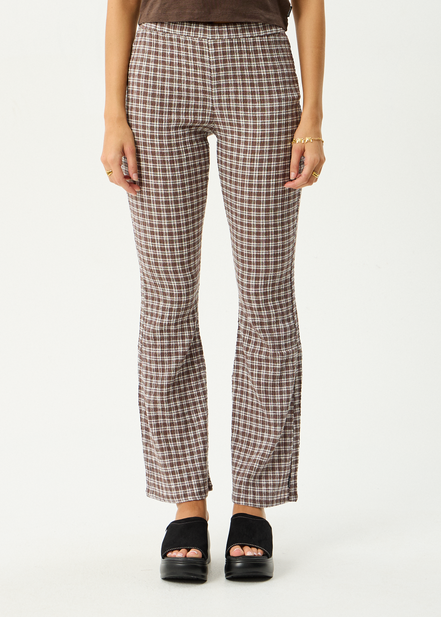 AFENDS Womens Base - Seersucker Flare Pant - Coffee Check