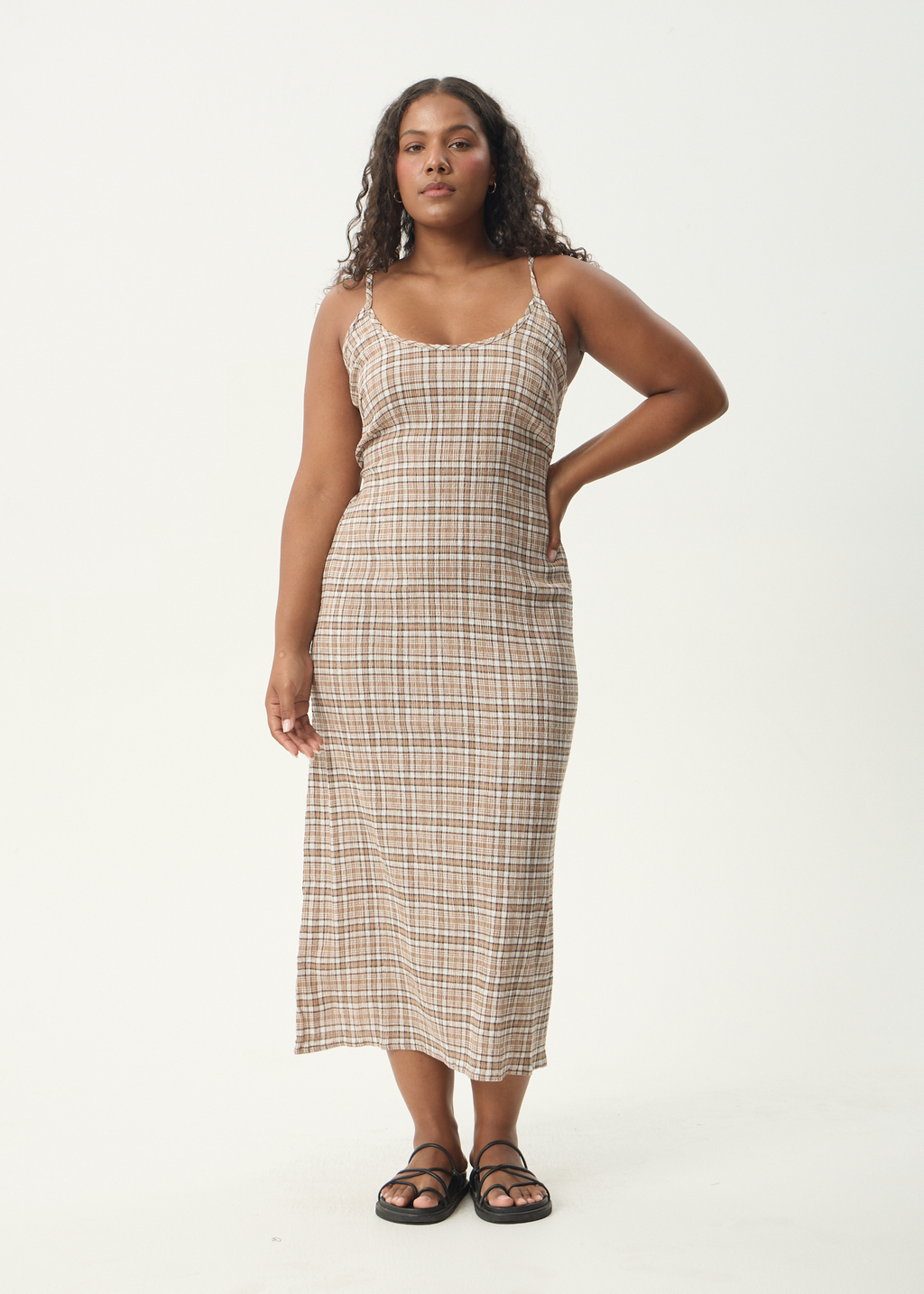 AFENDS Womens Rumi - Seersucker Midi Dress - Chai Check