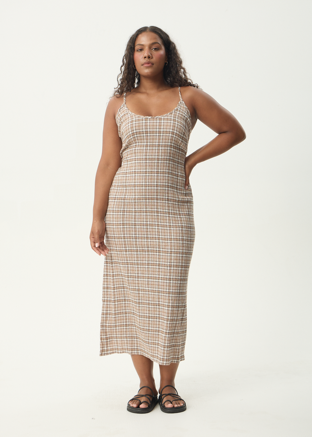 AFENDS Womens Flight Rumi - Seersucker Check Dress - Chai Check