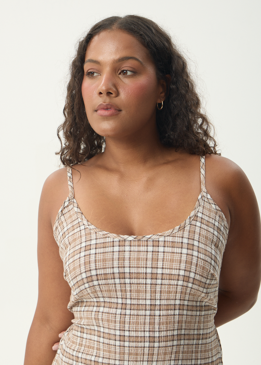 AFENDS Womens Flight Rumi - Seersucker Check Dress - Chai Check