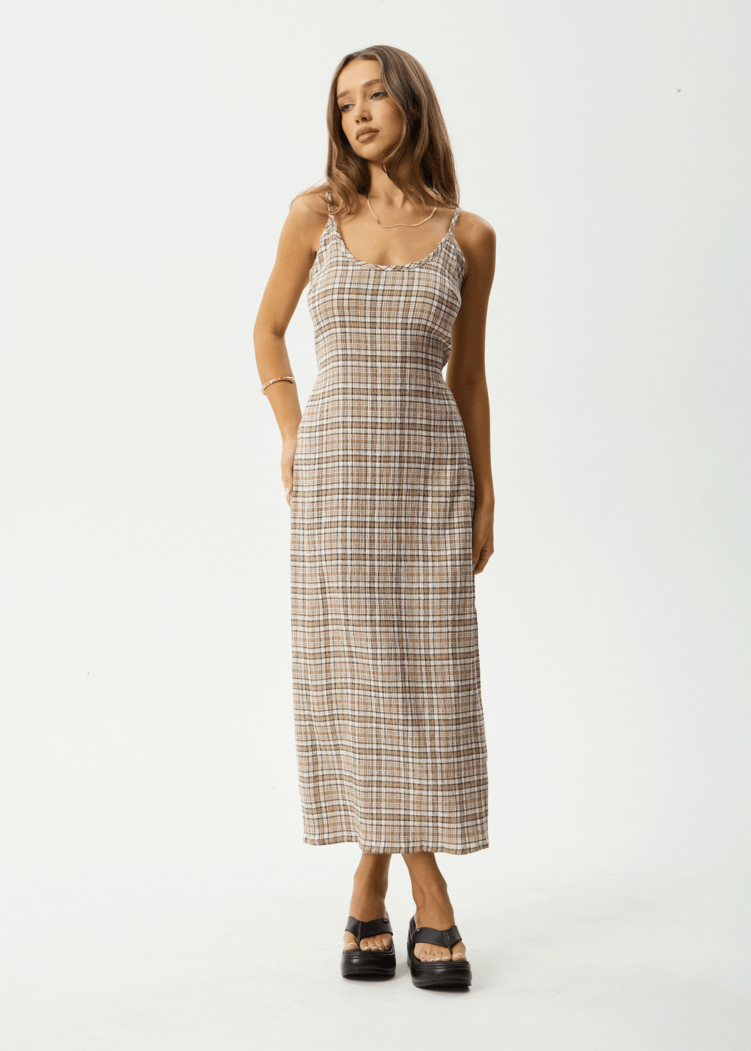 AFENDS Womens Flight Rumi - Seersucker Check Dress - Chai Check