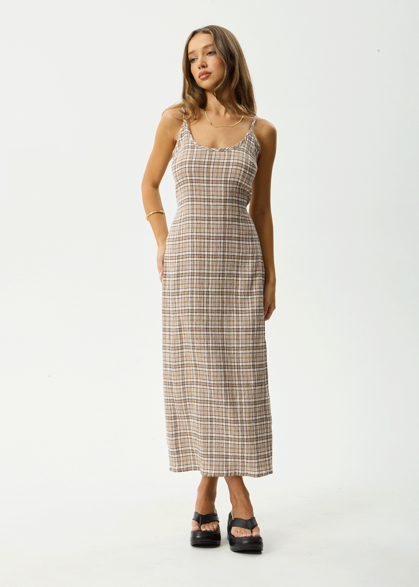 AFENDS Womens Rumi - Seersucker Midi Dress - Chai Check