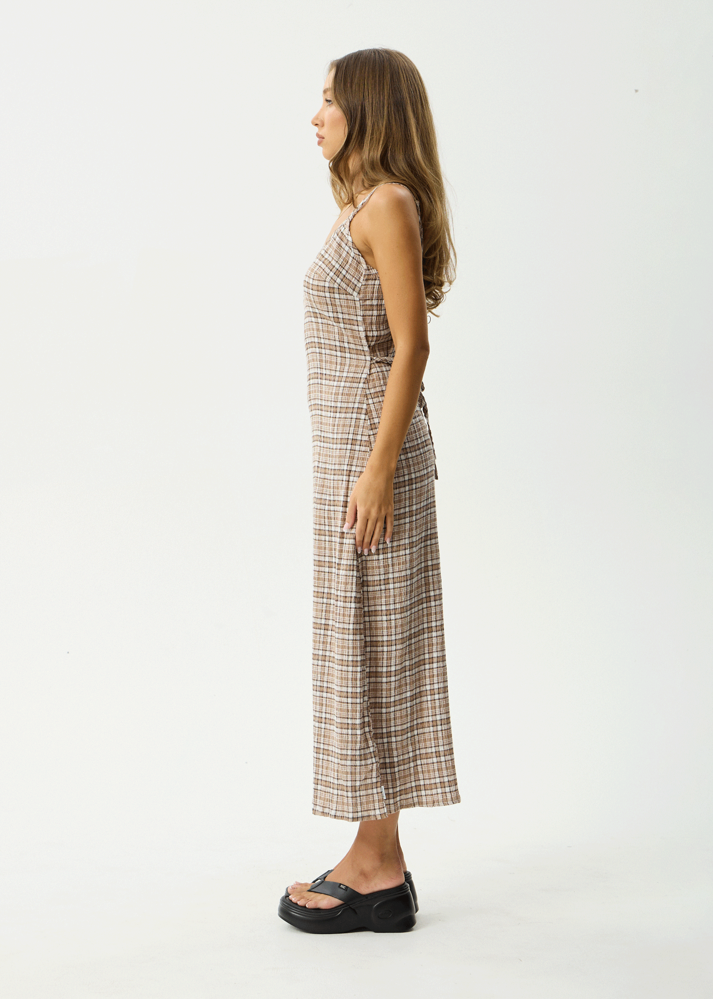 AFENDS Womens Rumi - Seersucker Midi Dress - Chai Check