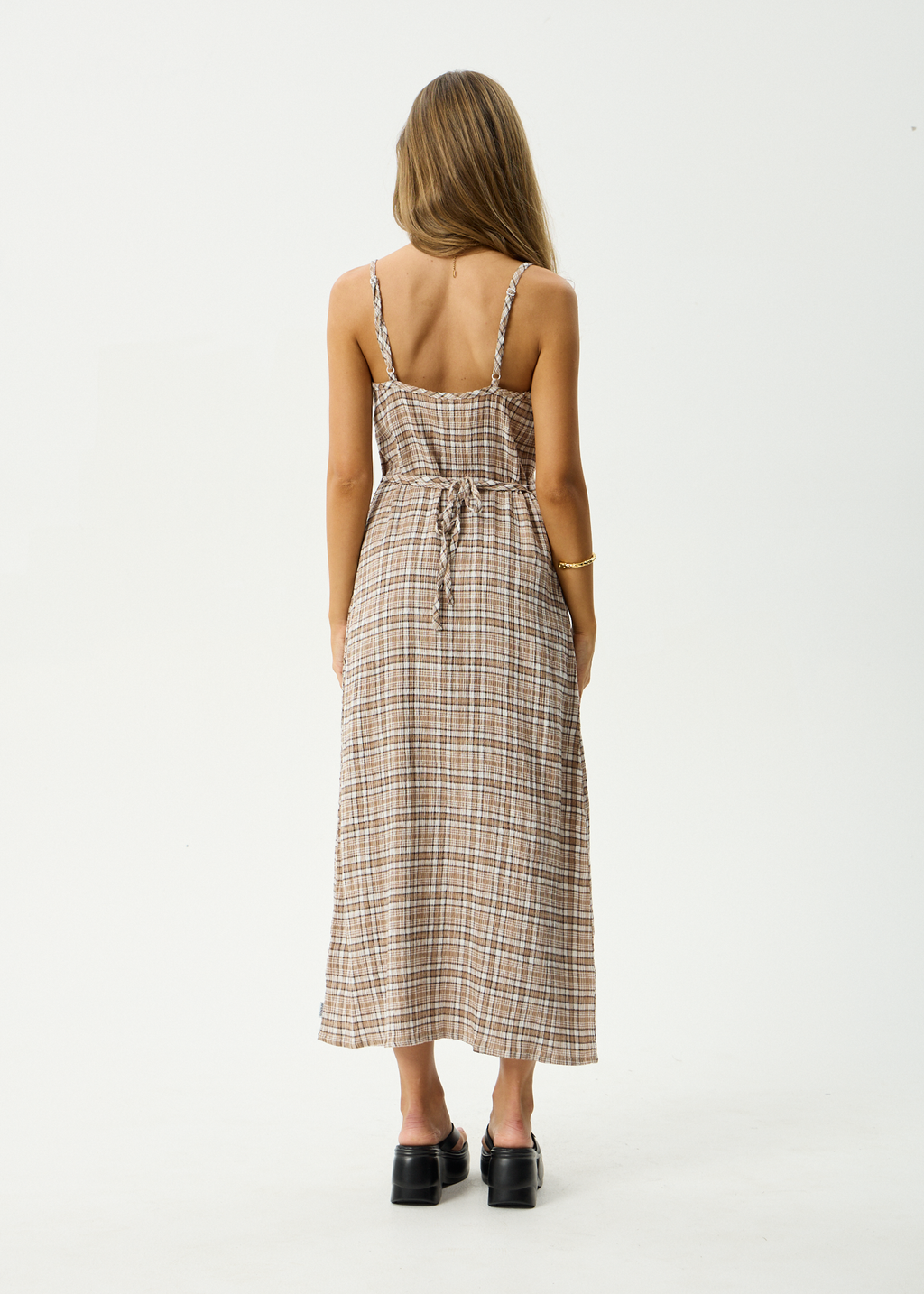 AFENDS Womens Rumi - Seersucker Midi Dress - Chai Check