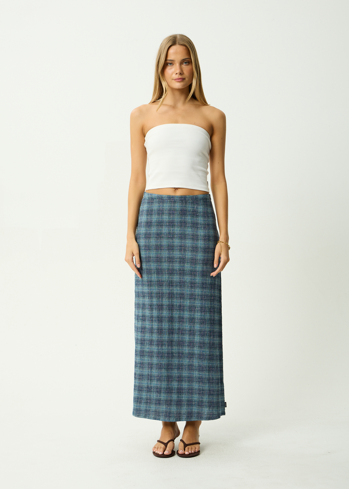 AFENDS Womens Position - Seersucker Maxi Skirt - Navy Check