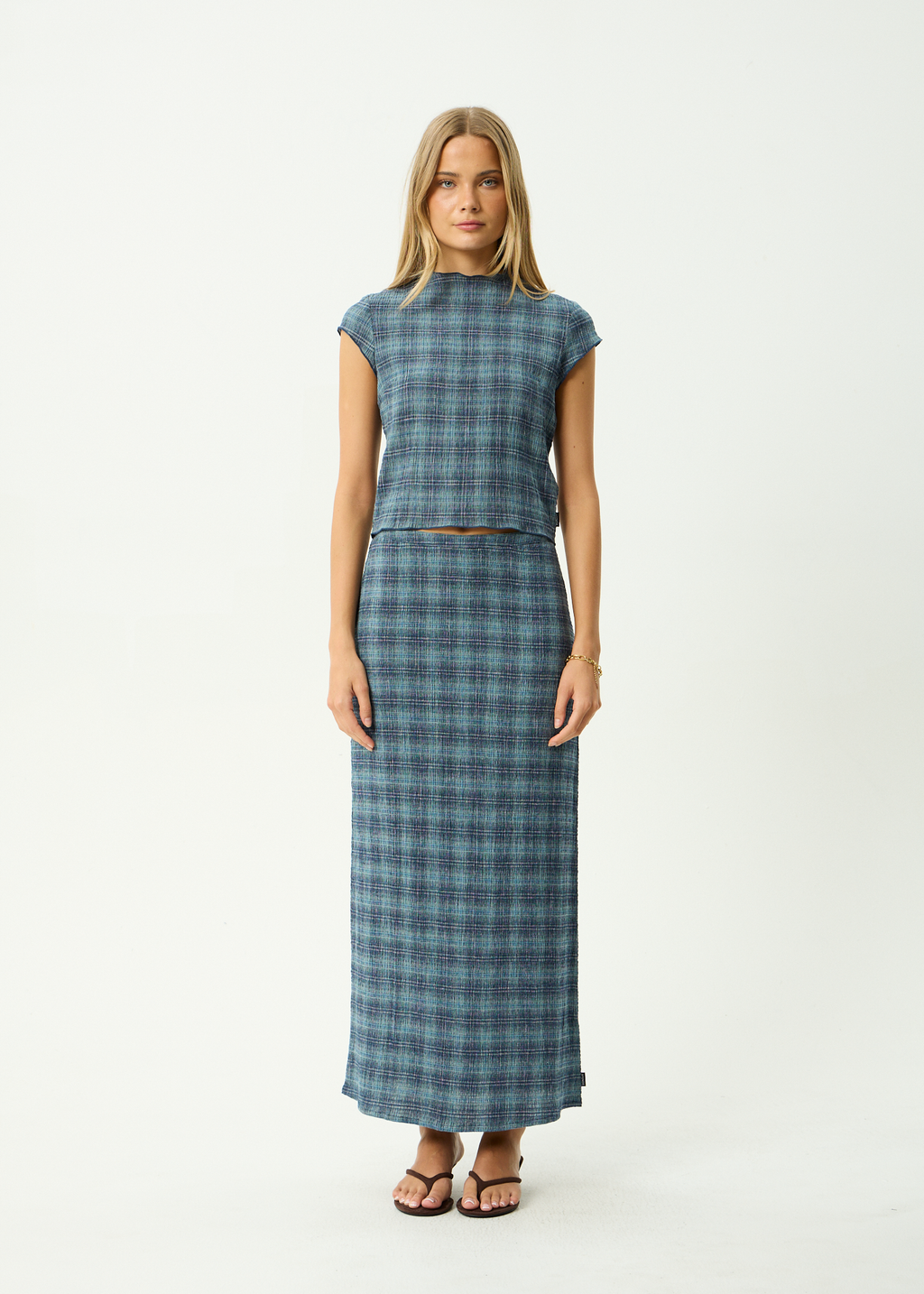 AFENDS Womens Position - Seersucker Maxi Skirt - Navy Check