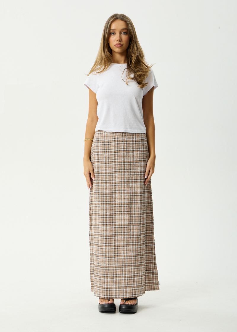 AFENDS Womens Flight - Seersucker Maxi Skirt - Chai Check