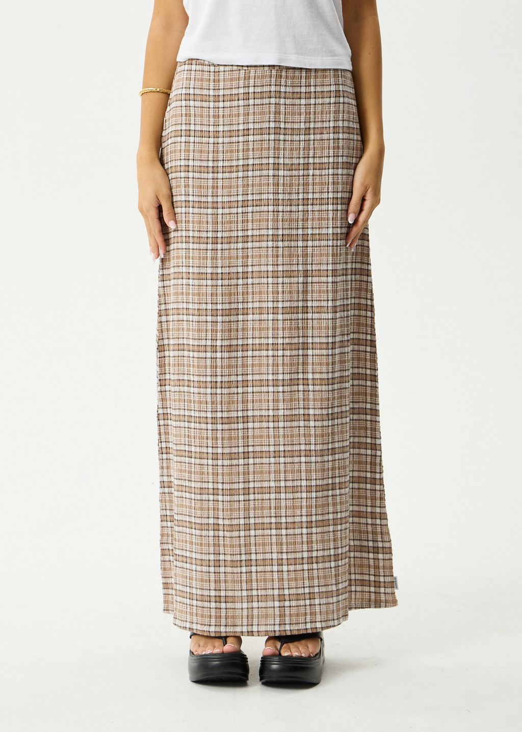 AFENDS Womens Flight - Seersucker Maxi Skirt - Chai Check
