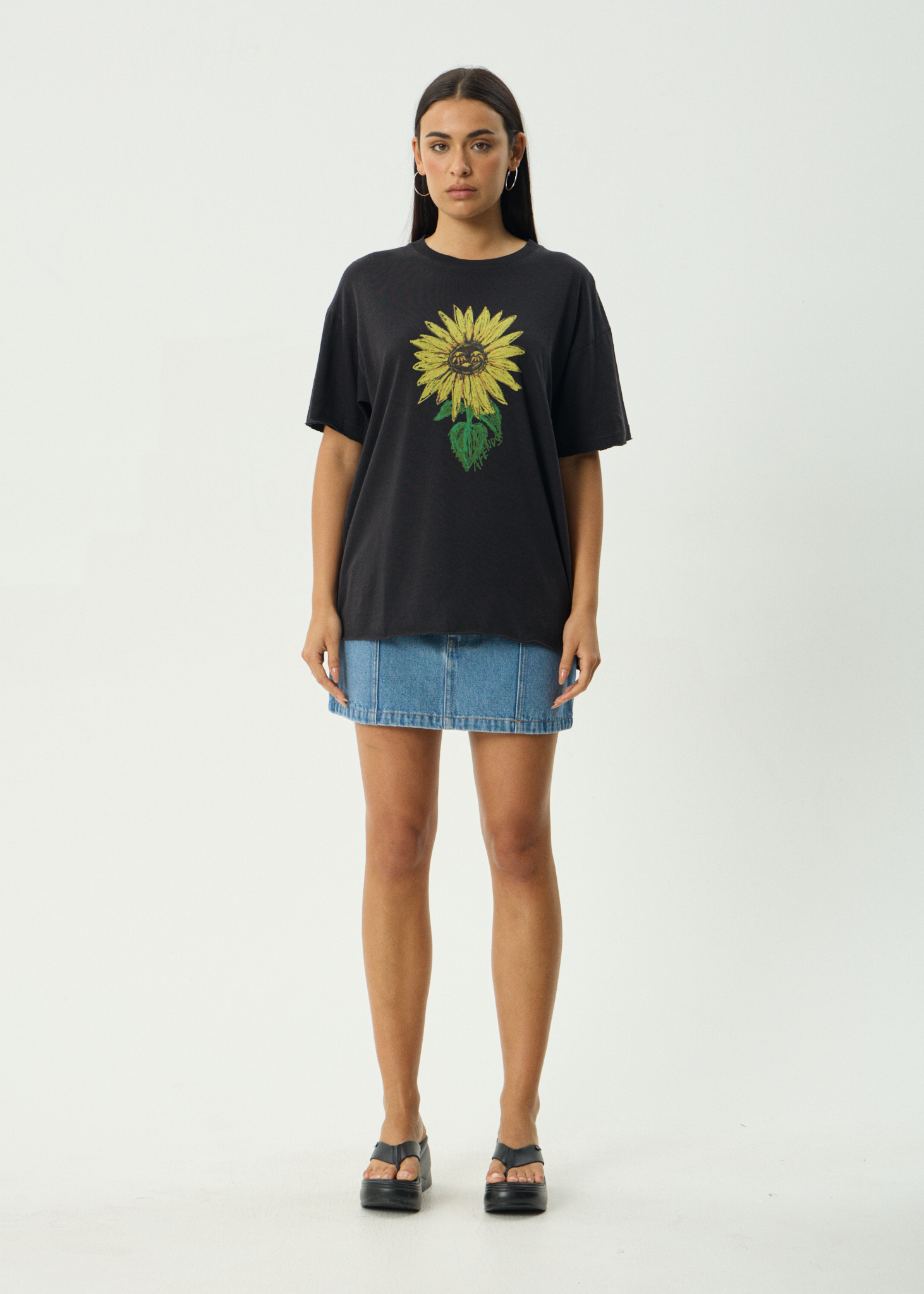 AFENDS Womens Sunnyflower - Oversized Tee - Stone Black