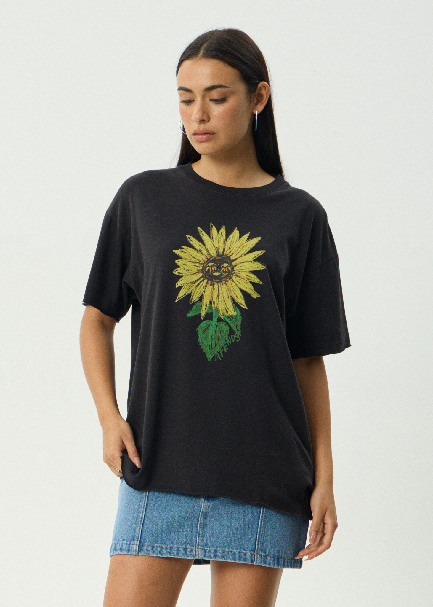 AFENDS Womens Sunnyflower - Oversized Tee - Stone Black