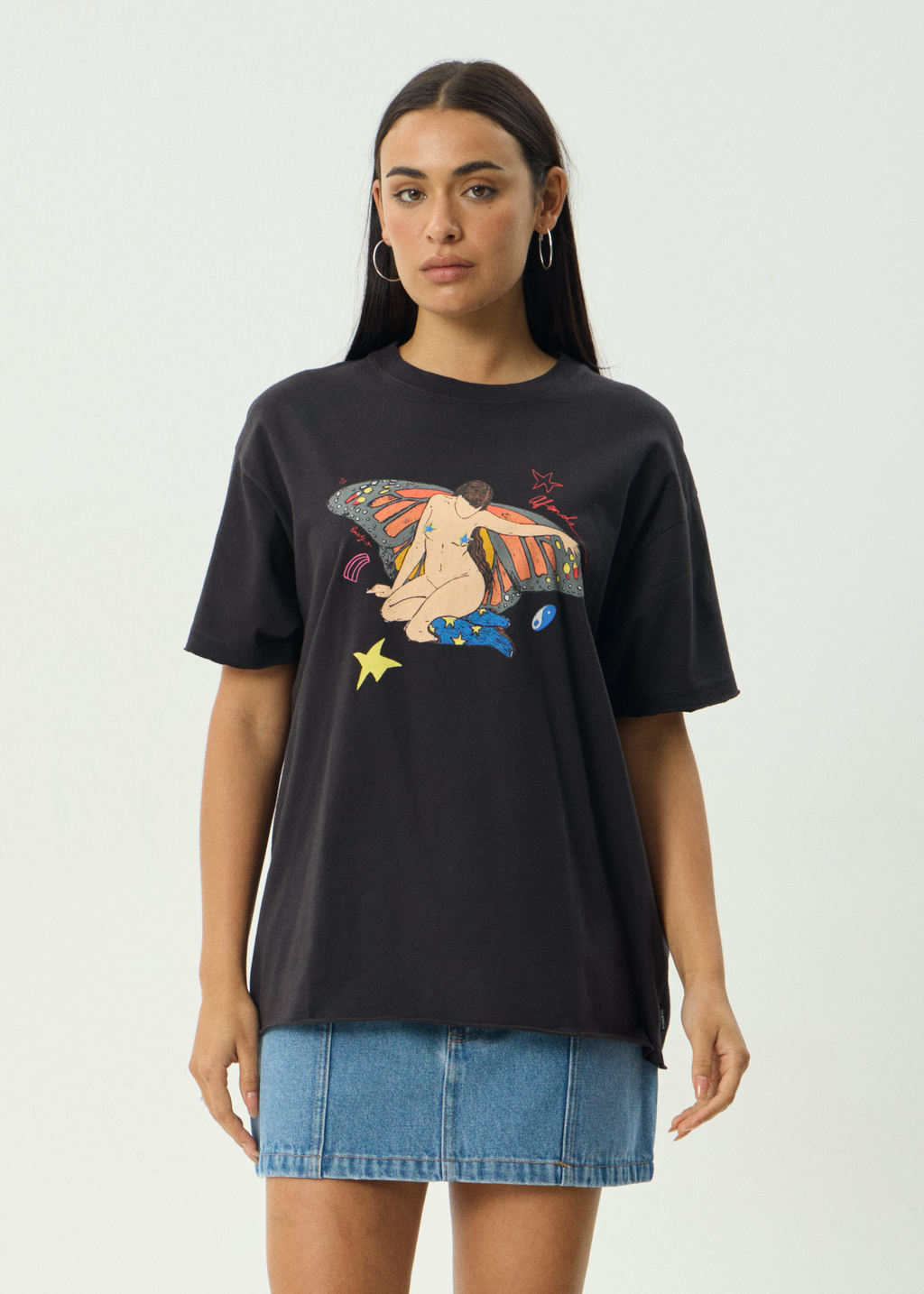 AFENDS Womens Easty - Oversized Tee - Stone Black