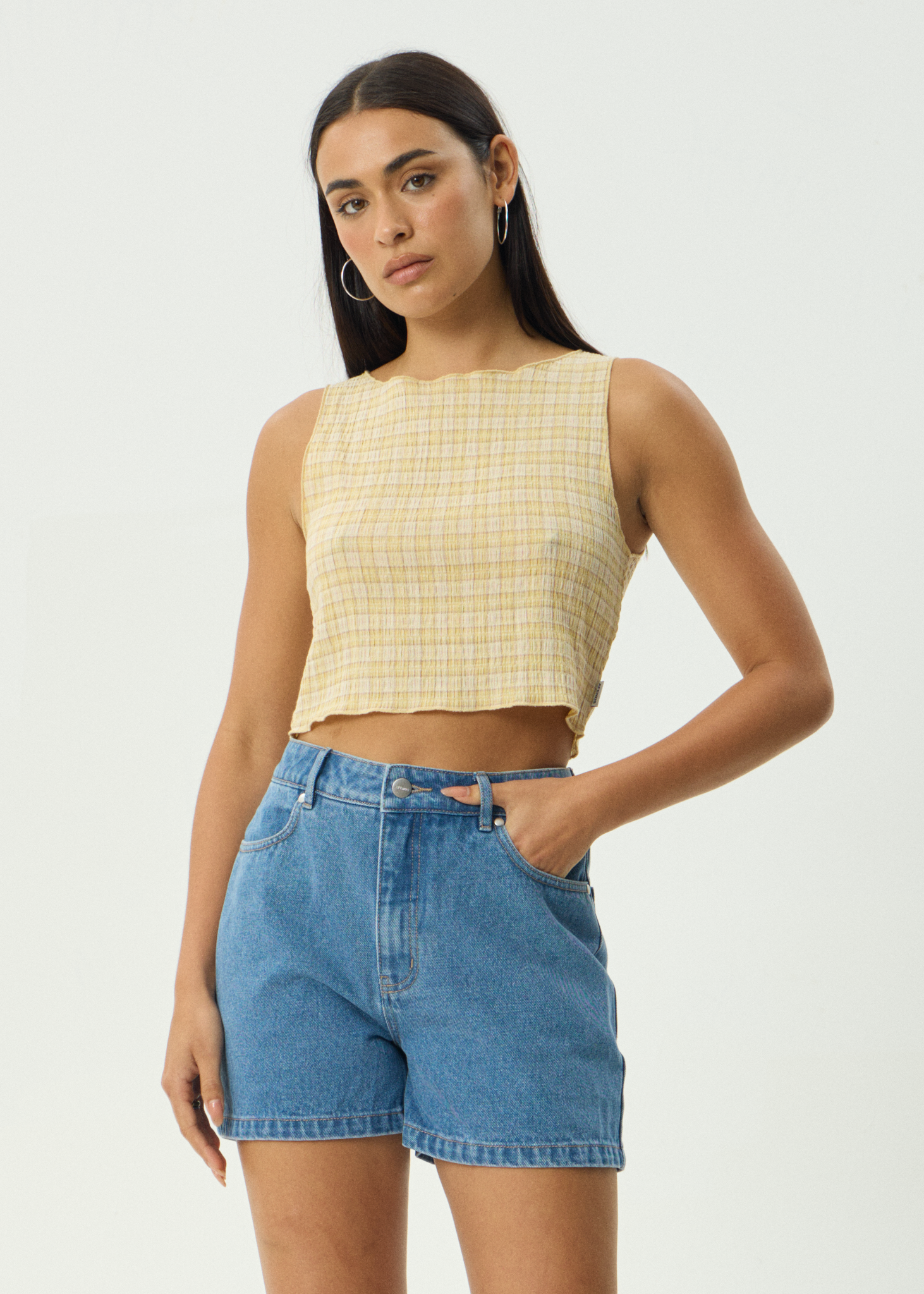 AFENDS Womens Sunday - Seersucker Sleeveless Top - Lemon Check