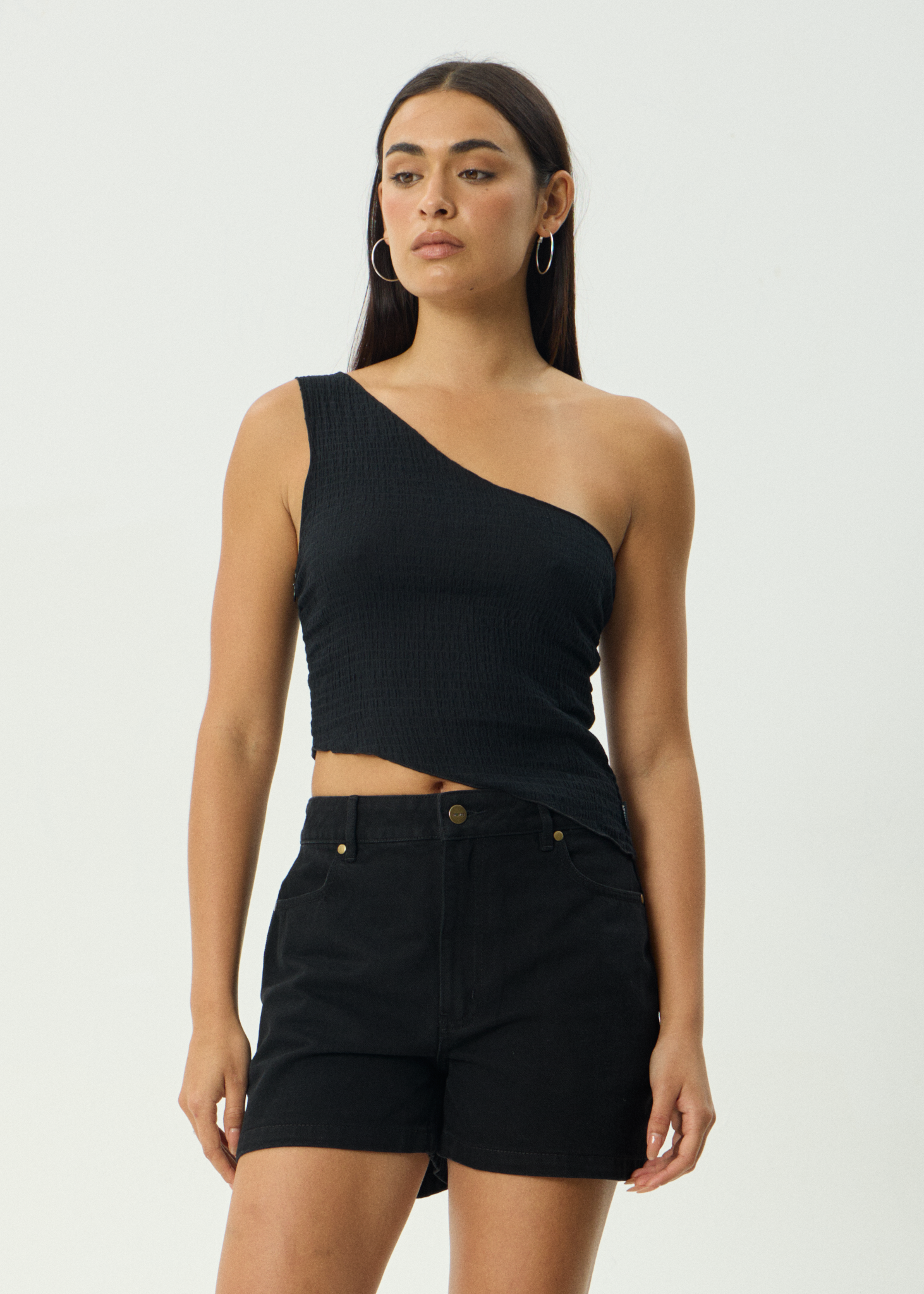 AFENDS Womens Marina - Seersucker One Shoulder Top - Black
