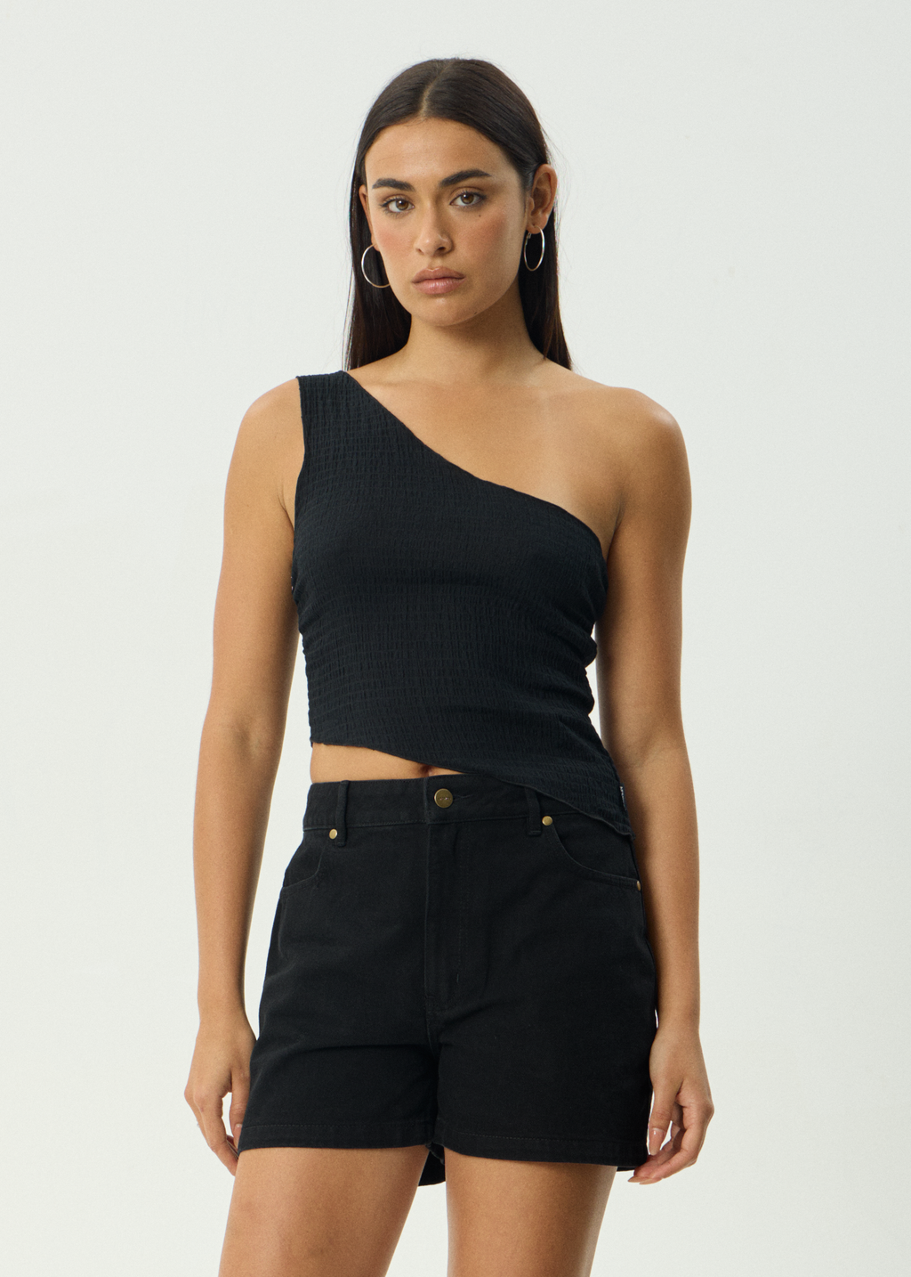 AFENDS Womens Marina - Seersucker One Shoulder Top - Black