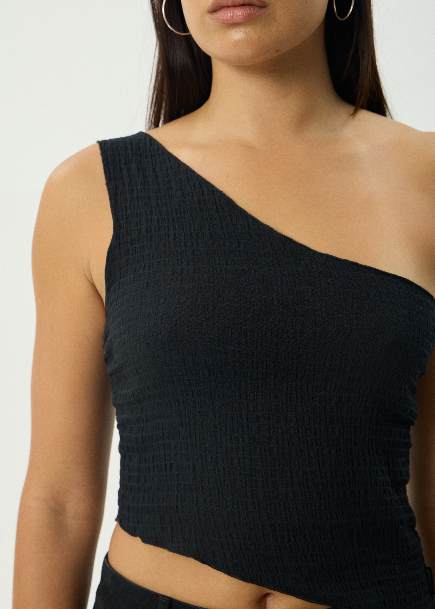 AFENDS Womens Marina - Seersucker One Shoulder Top - Black