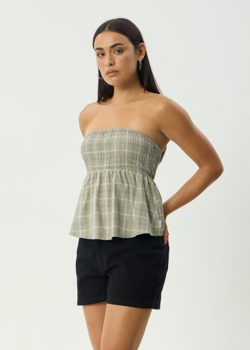 AFENDS Womens Scout - Check Strapless Top - Olive Check