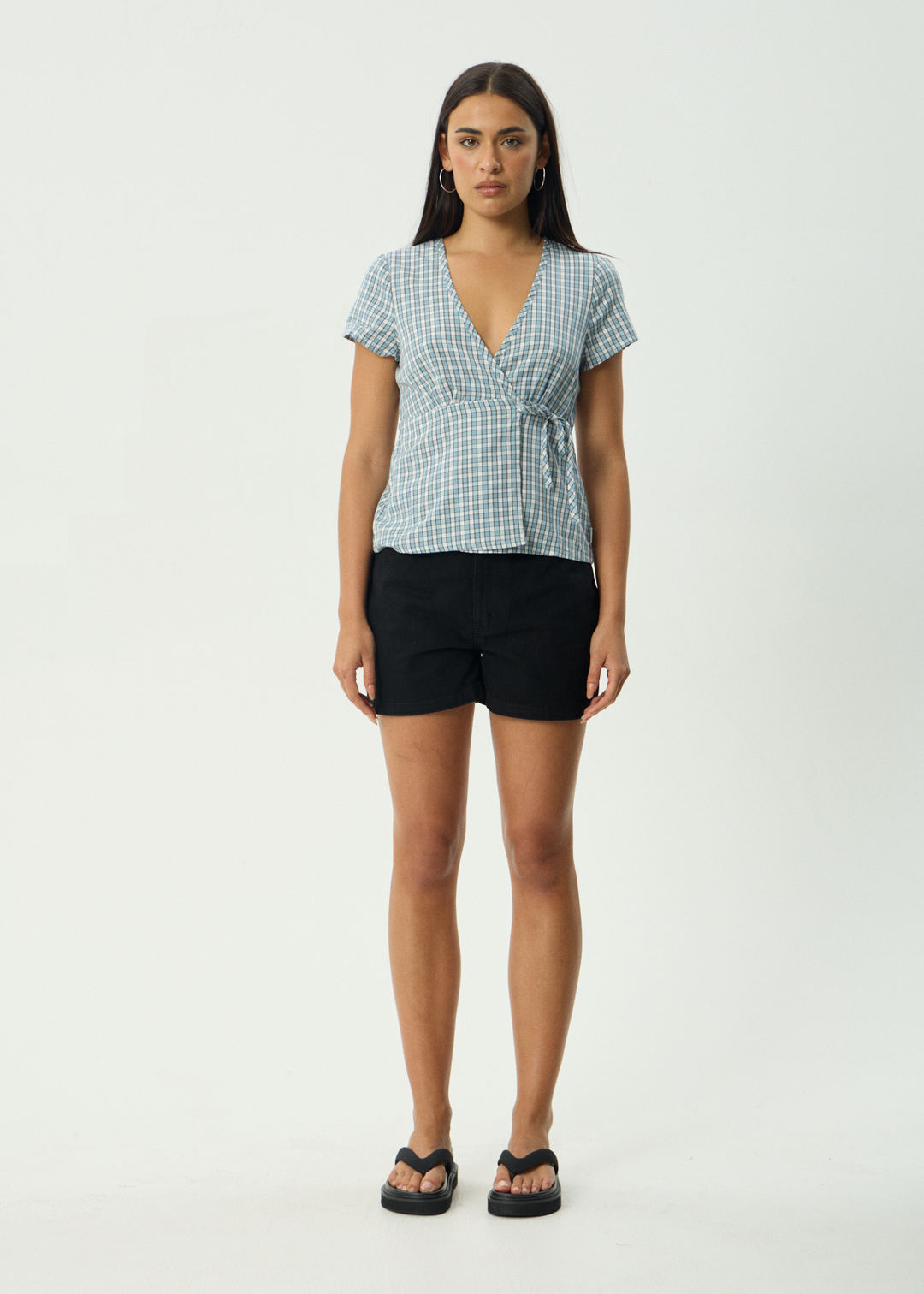 AFENDS Womens Evans - Check Wrap Top - Overcast Check
