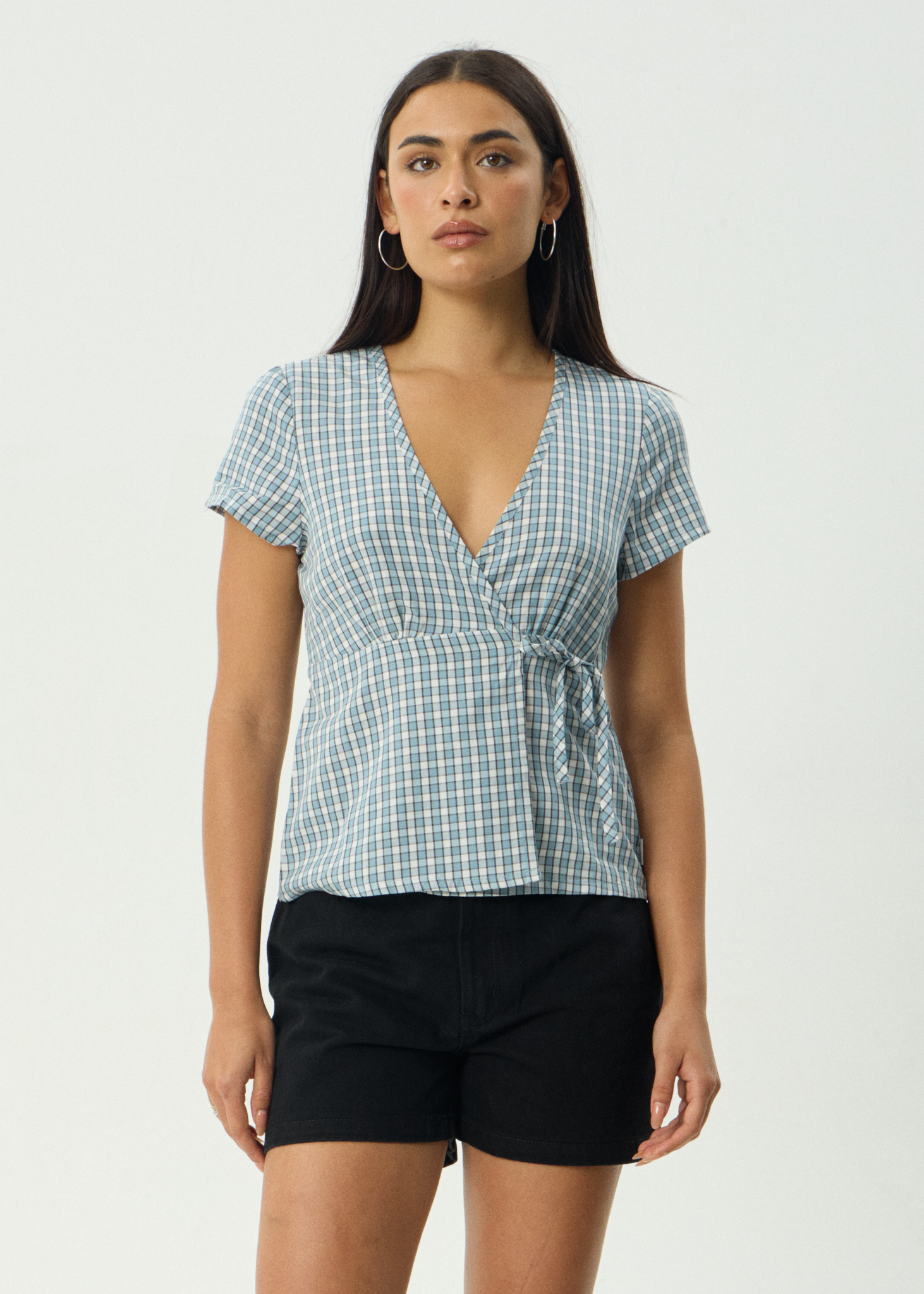 AFENDS Womens Evans - Check Wrap Top - Overcast Check