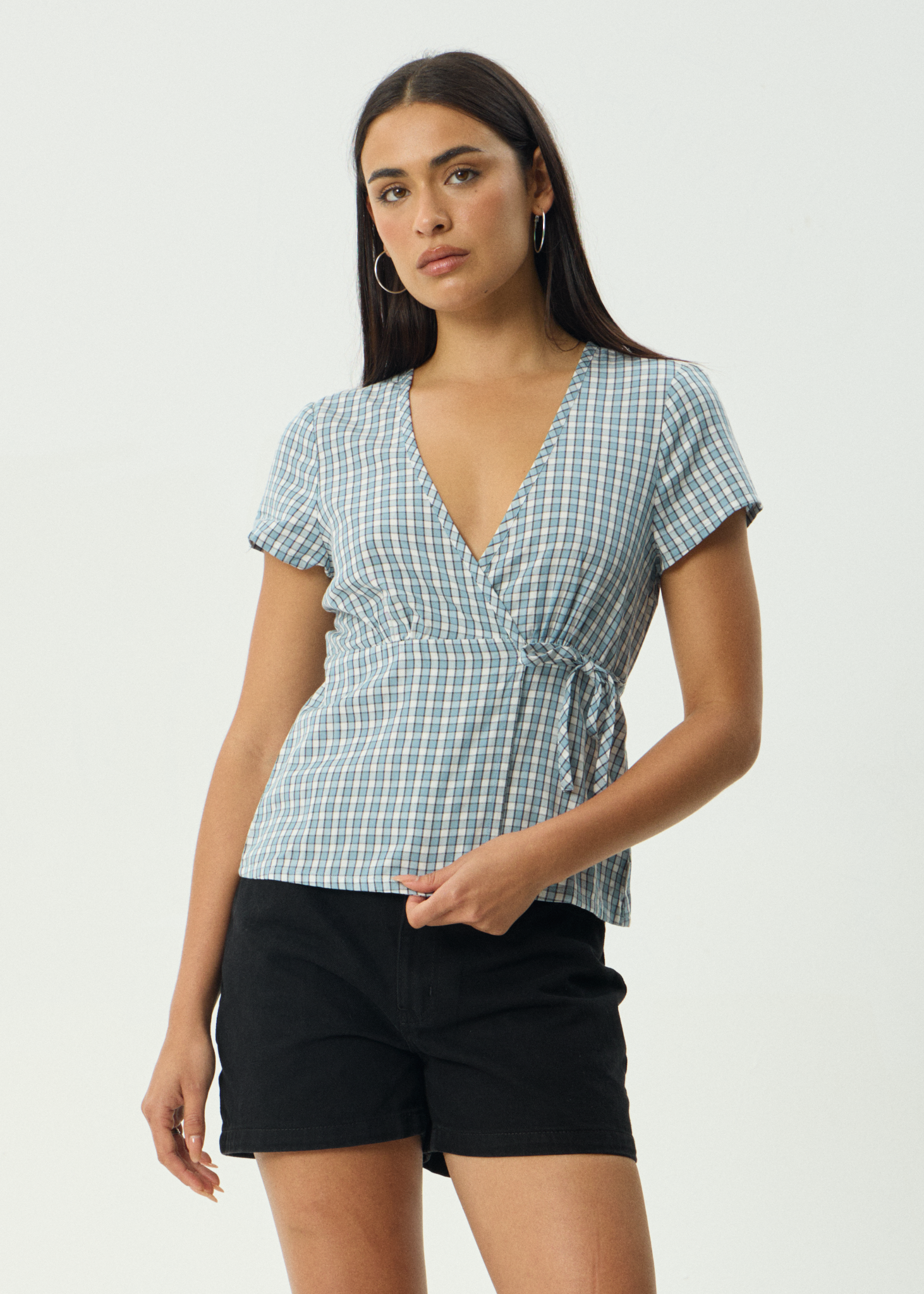 AFENDS Womens Evans - Check Wrap Top - Overcast Check