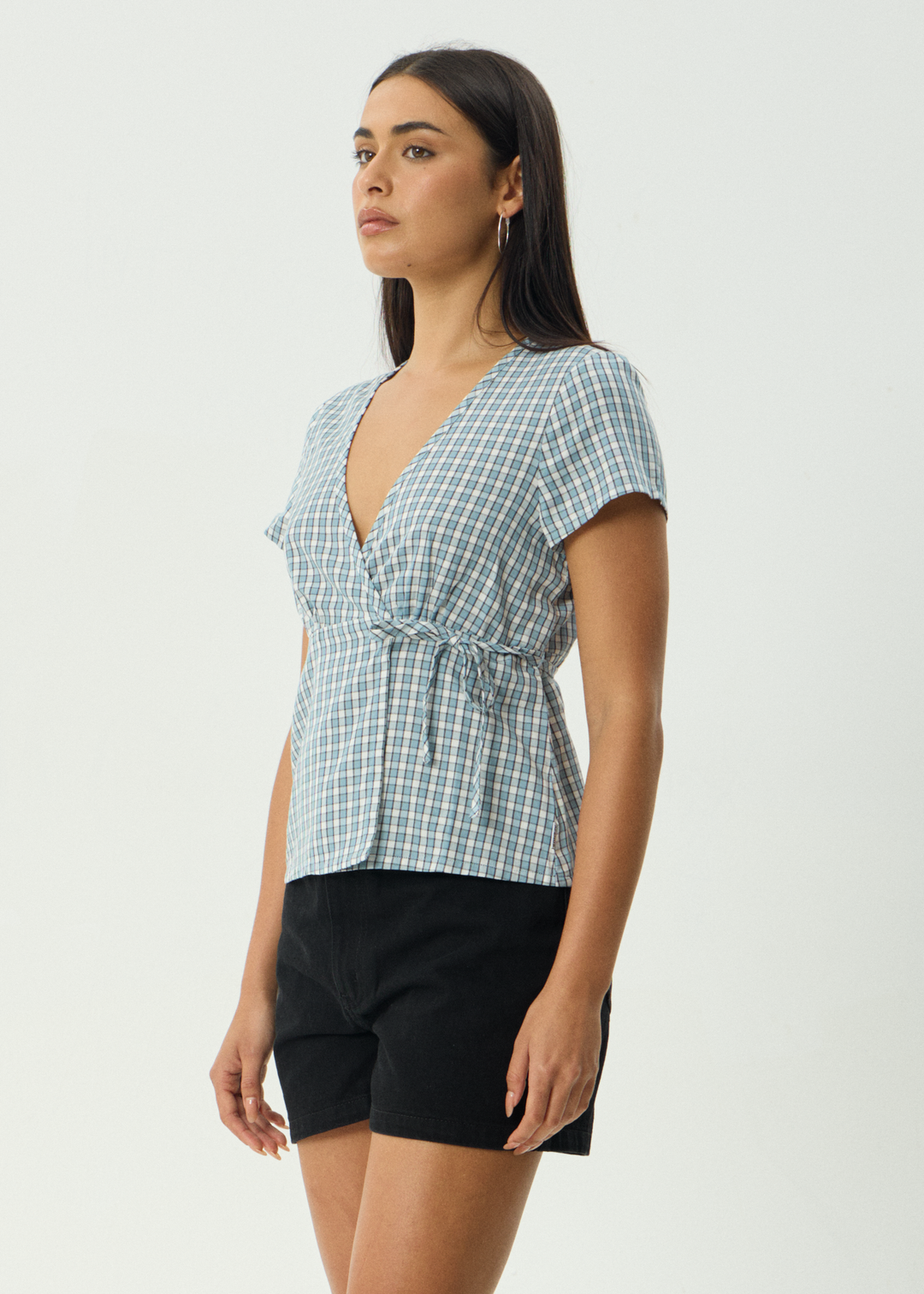 AFENDS Womens Evans - Check Wrap Top - Overcast Check