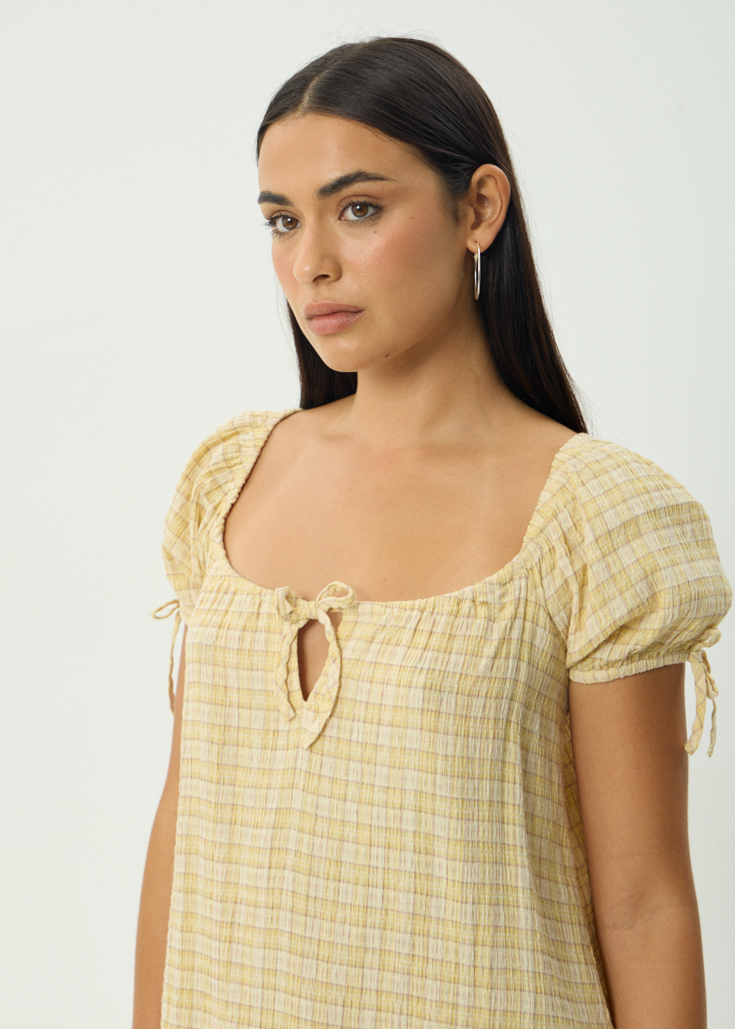 AFENDS Womens Sunday - Seersucker Mini Dress - Lemon Check