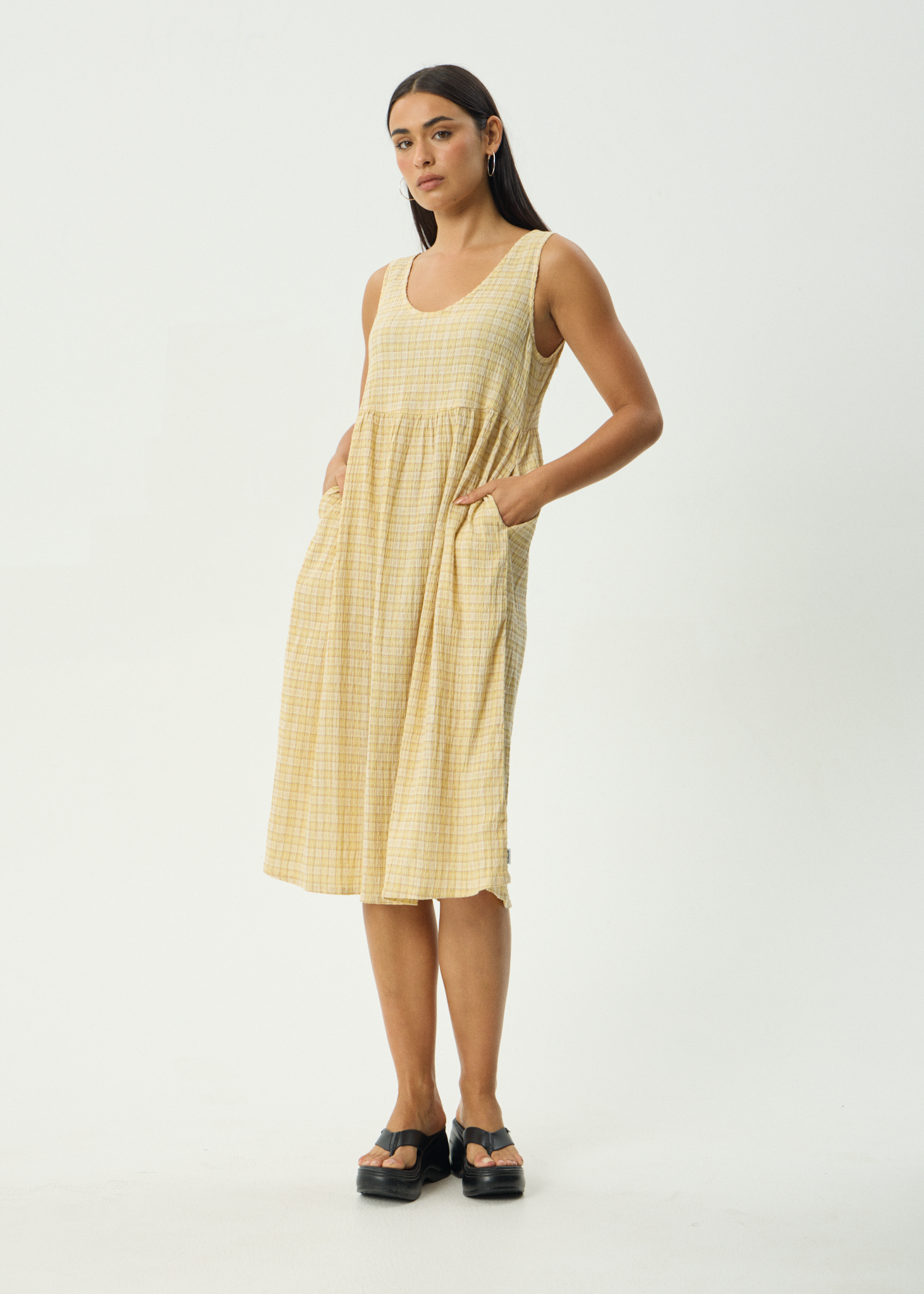 AFENDS Womens Sunday - Seersucker Check Midi Dress - Lemon Check