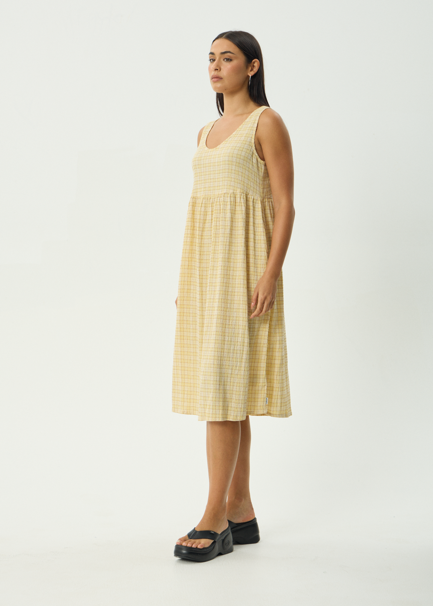 AFENDS Womens Sunday - Seersucker Check Midi Dress - Lemon Check