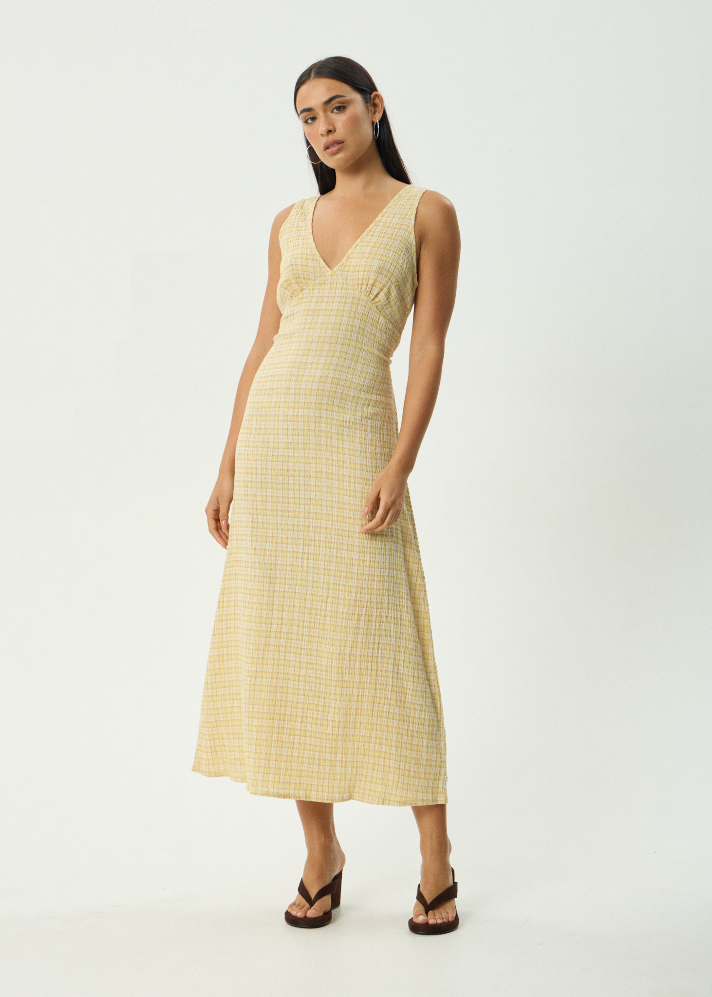 AFENDS Womens Sunday Seersucker Check Maxi Dress Lemon Check
