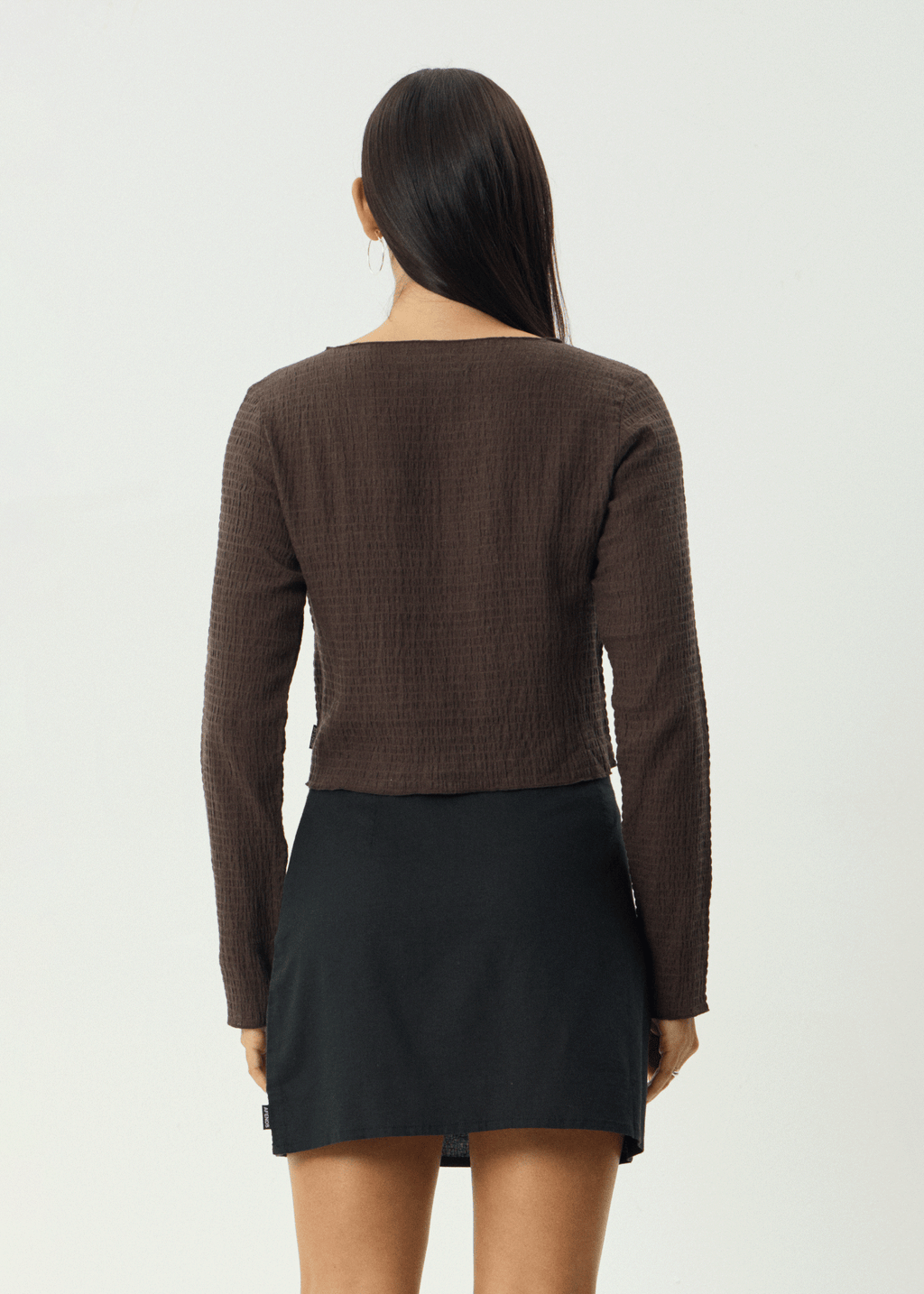 AFENDS Womens Focus - Seersucker Long Sleeve Top - Coffee