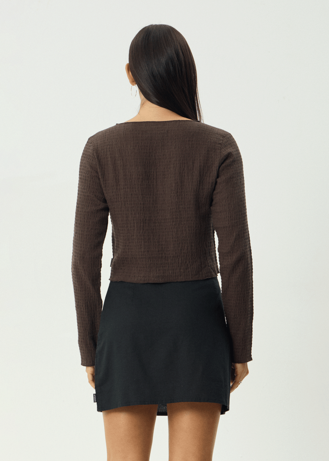 AFENDS Womens Focus - Seersucker Long Sleeve Top - Coffee