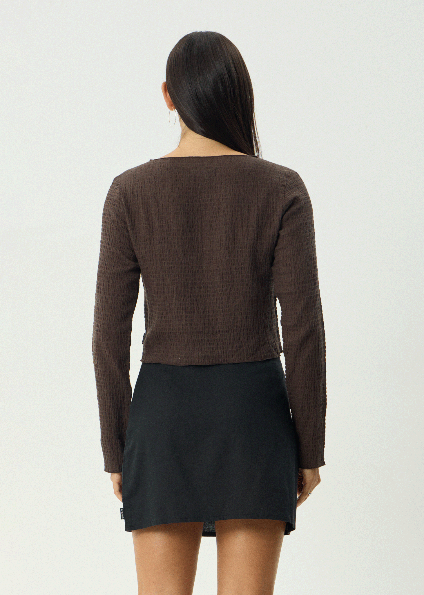 AFENDS Womens Focus - Seersucker Long Sleeve Top - Coffee