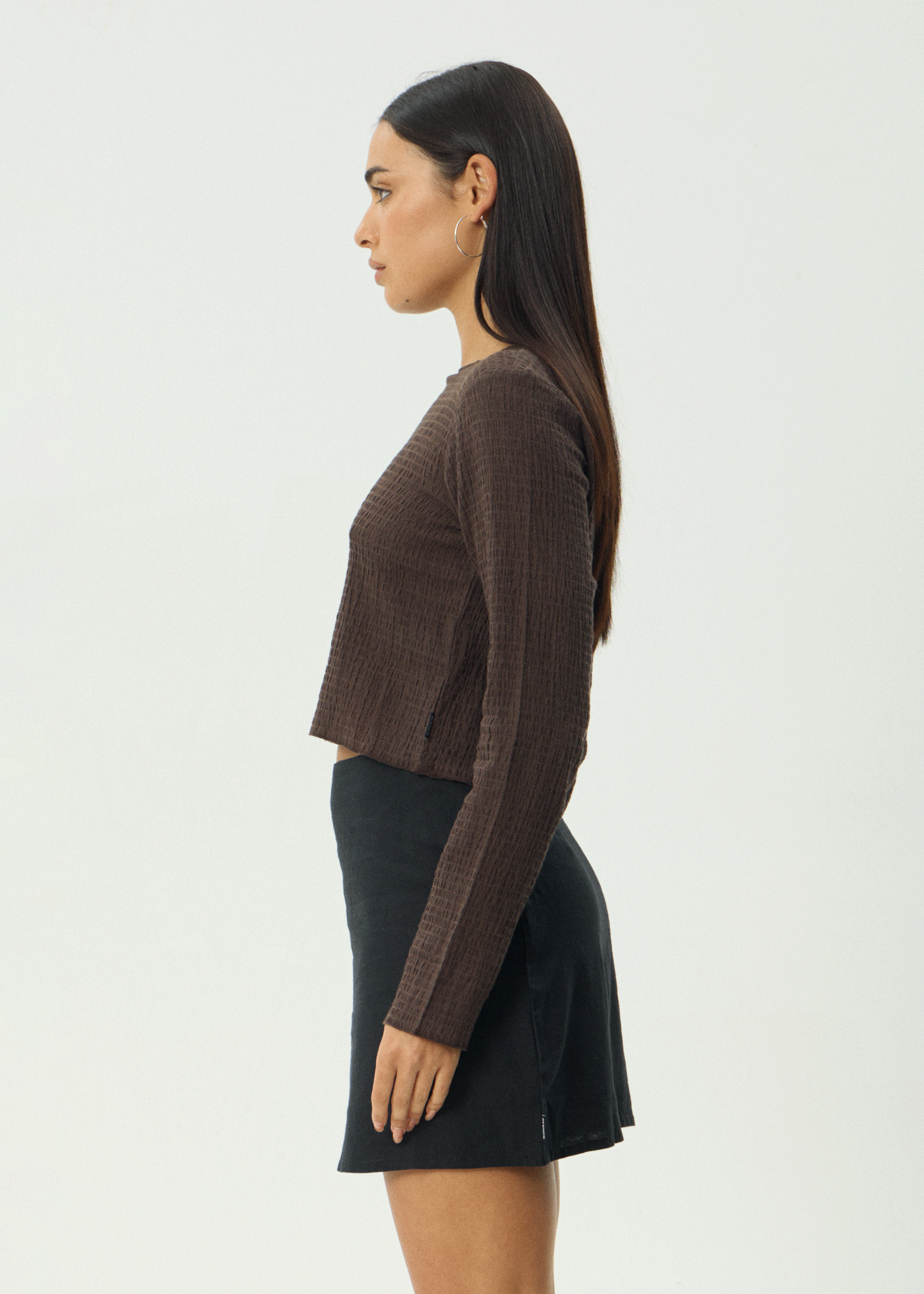 AFENDS Womens Focus - Seersucker Long Sleeve Top - Coffee