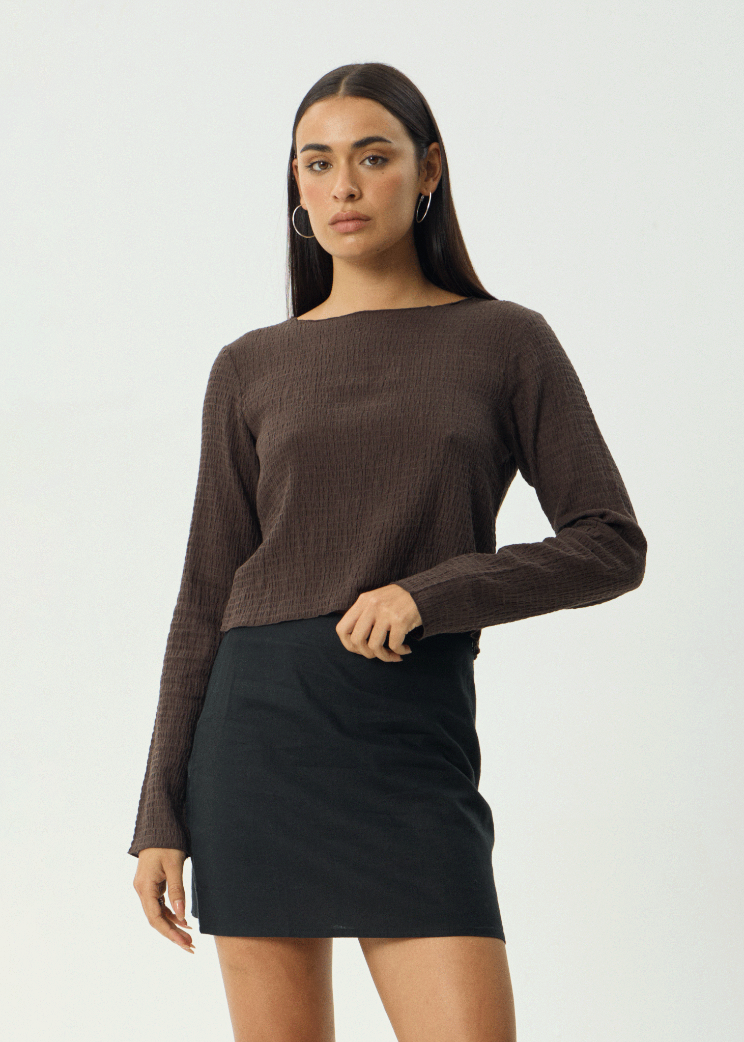 AFENDS Womens Focus - Seersucker Long Sleeve Top - Coffee