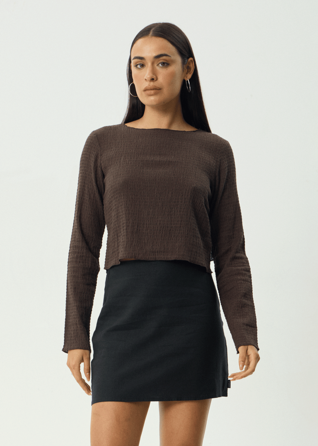 AFENDS Womens Focus - Seersucker Long Sleeve Top - Coffee