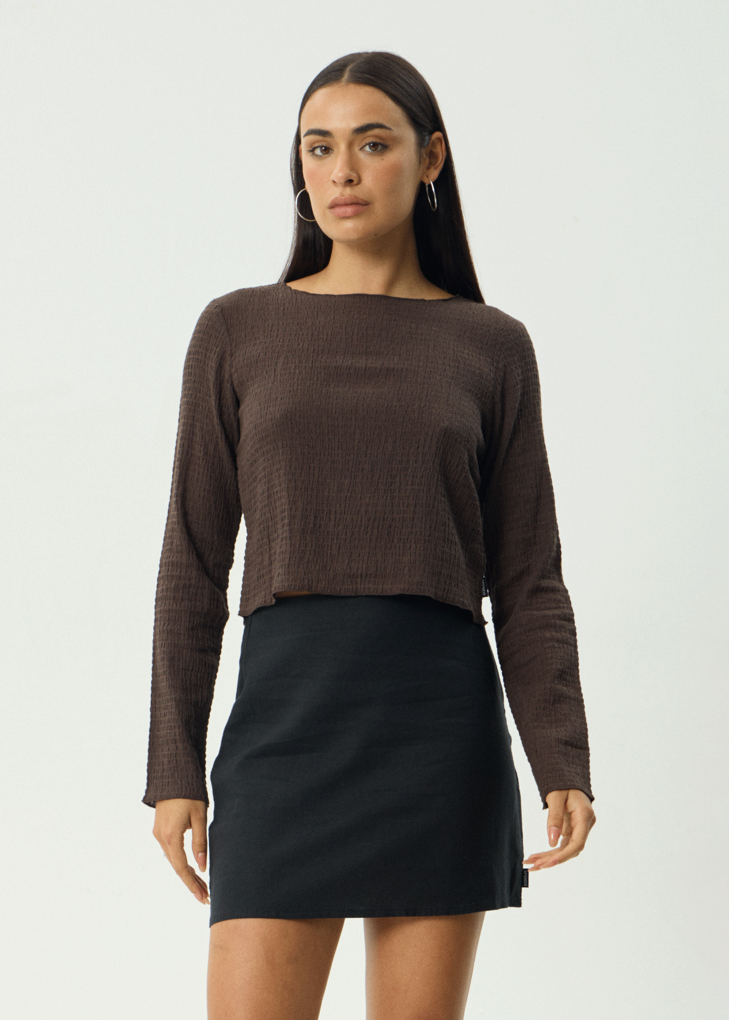 AFENDS Womens Focus - Seersucker Long Sleeve Top - Coffee