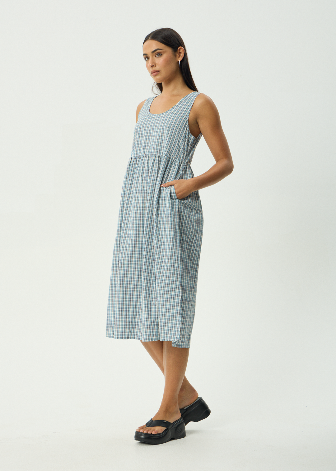AFENDS Womens Evans - Check Midi Dress - Overcast Check