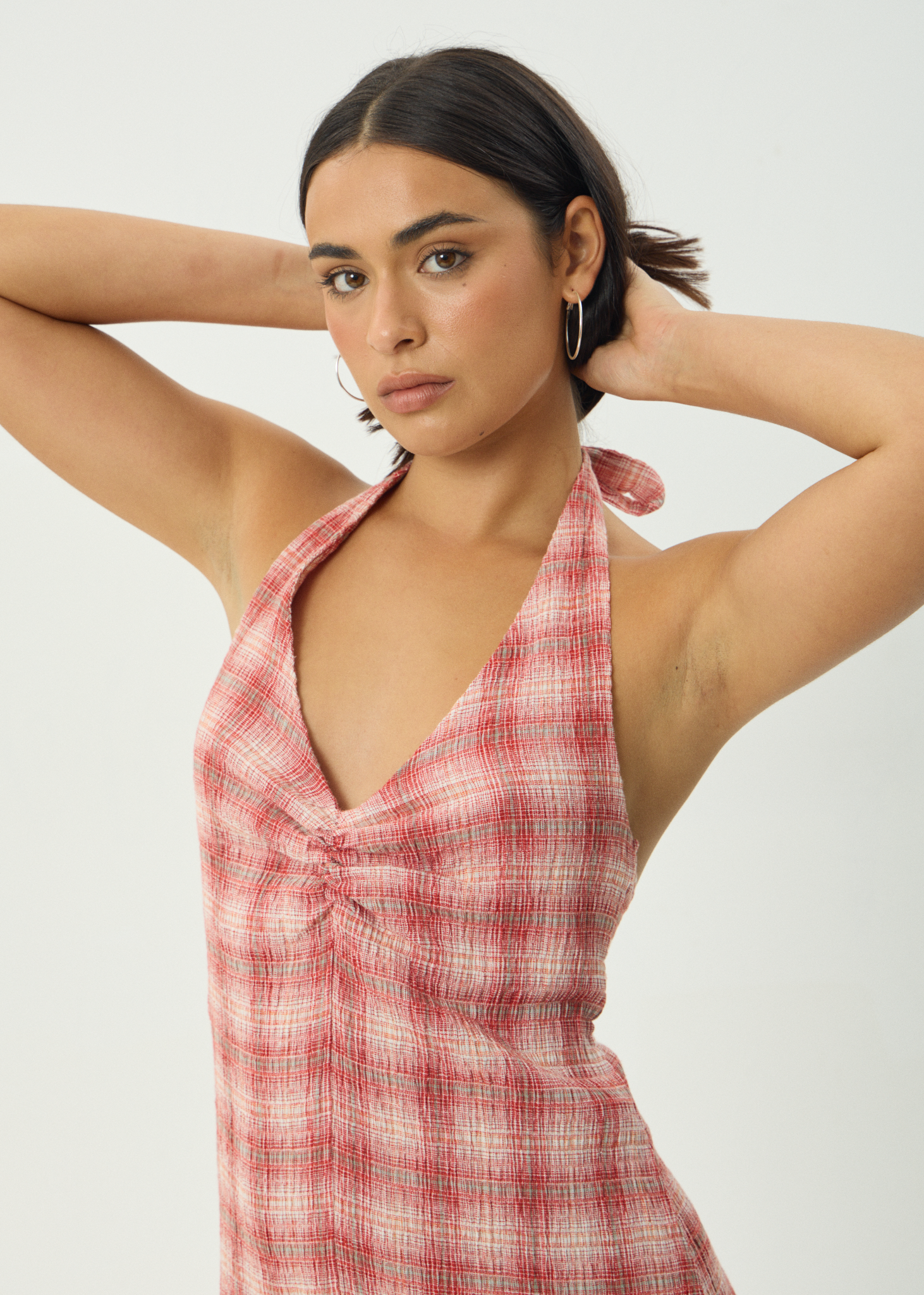 AFENDS Womens Position Andy - Seersucker Halter Dress - Red Check