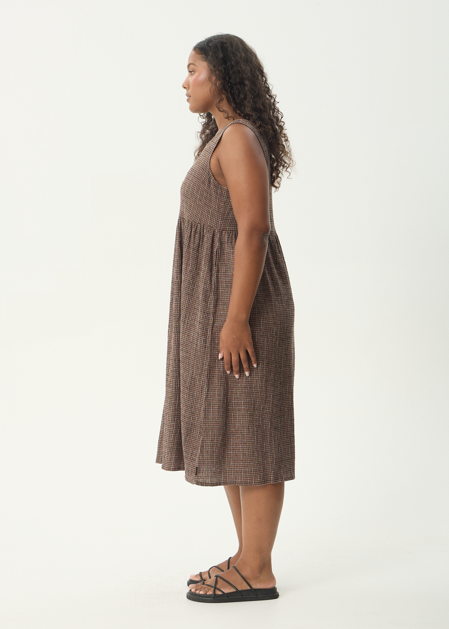 AFENDS Womens Hometown Leo - Seersucker Midi Dress - Coffee